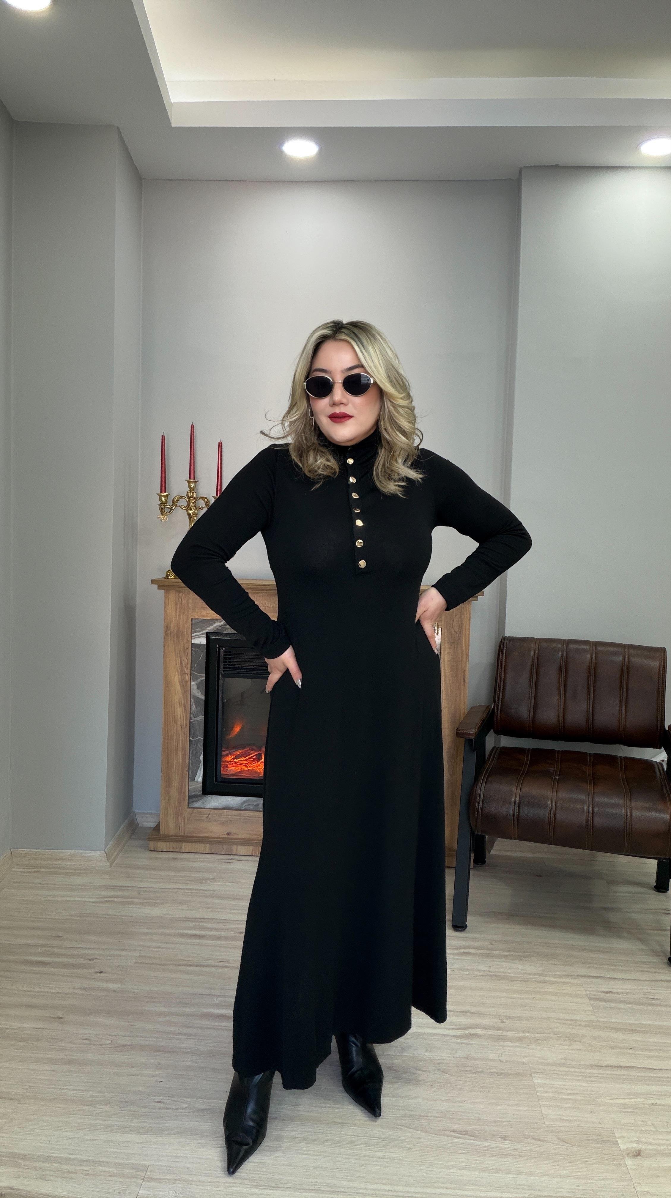ÇITÇIT DETAYLI DİK YAKA TRİKO ELBİSE SİYAH