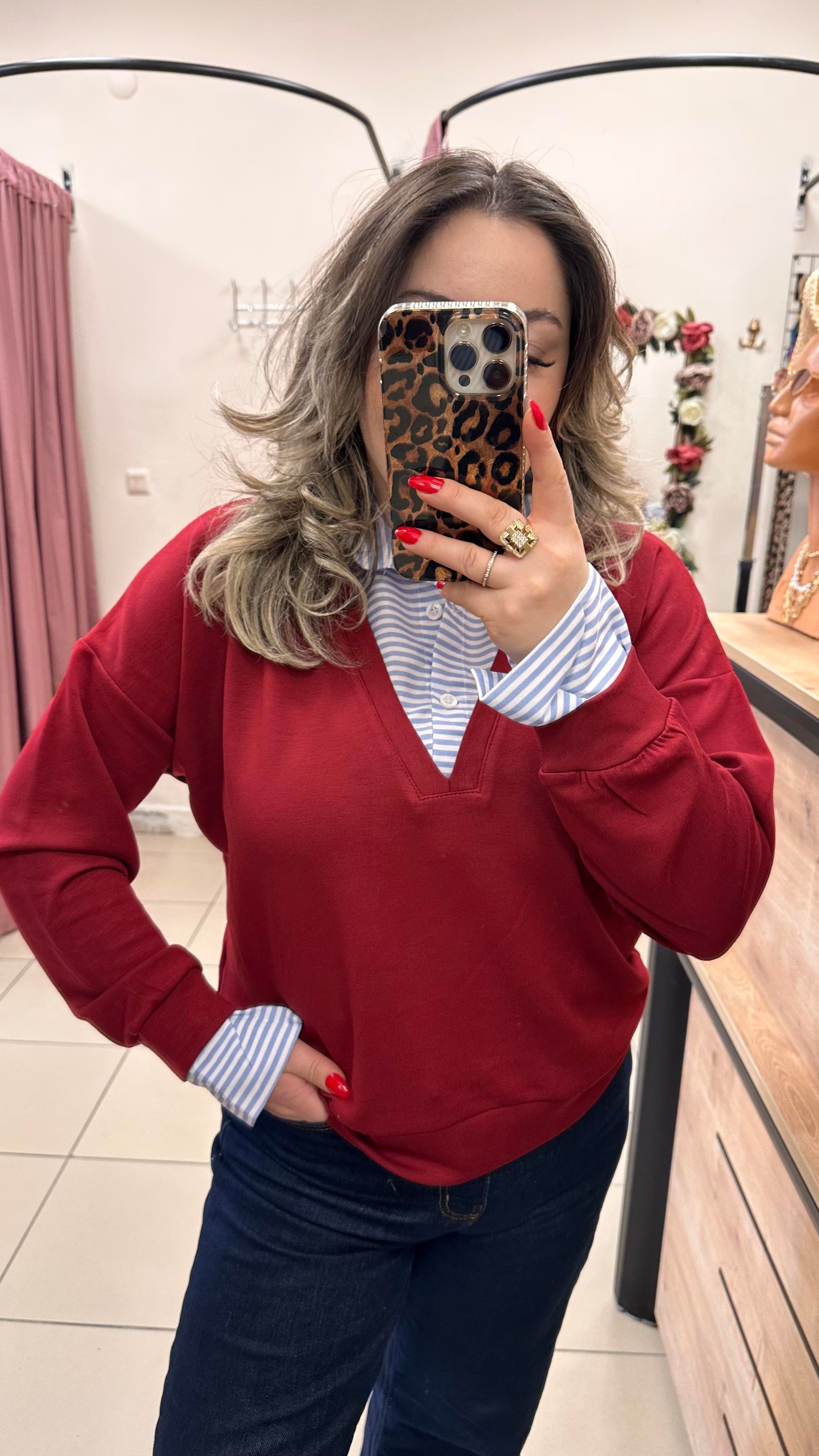 ÇİZGİLİ GÖMLEKLİ MODAL KUMAŞ SWEATSHİRT
