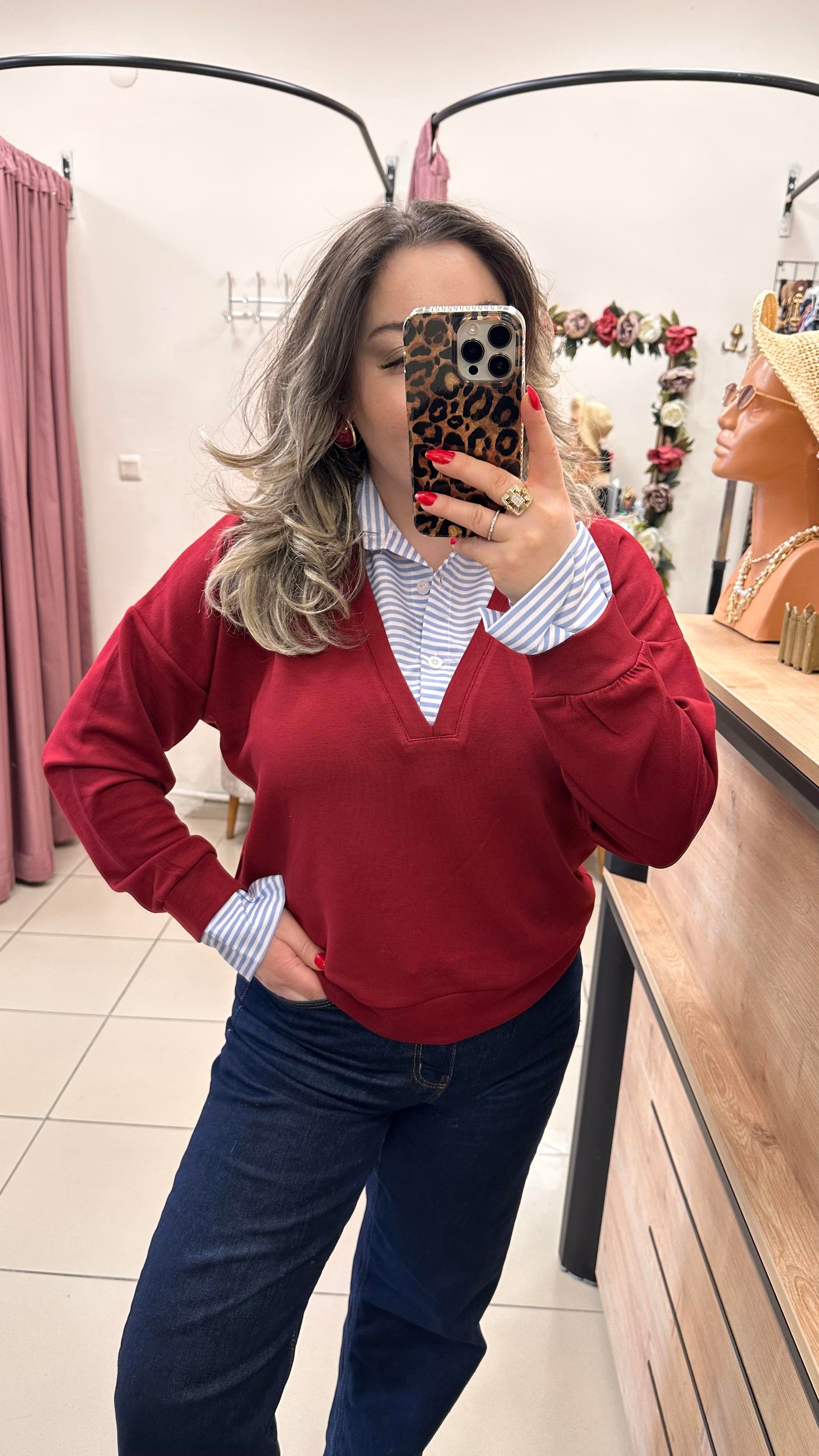 ÇİZGİLİ GÖMLEKLİ MODAL KUMAŞ SWEATSHİRT