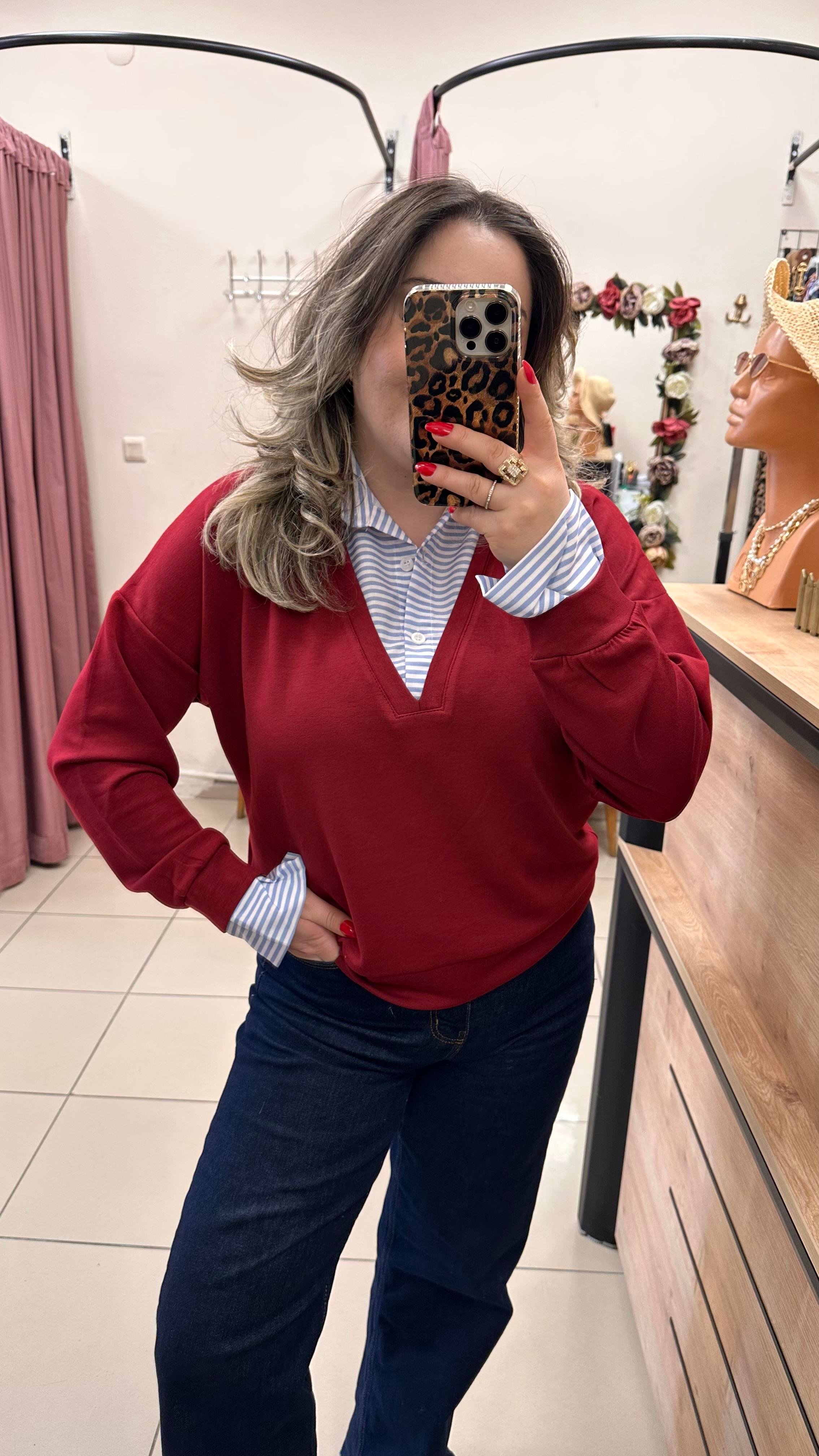 ÇİZGİLİ GÖMLEKLİ MODAL KUMAŞ SWEATSHİRT