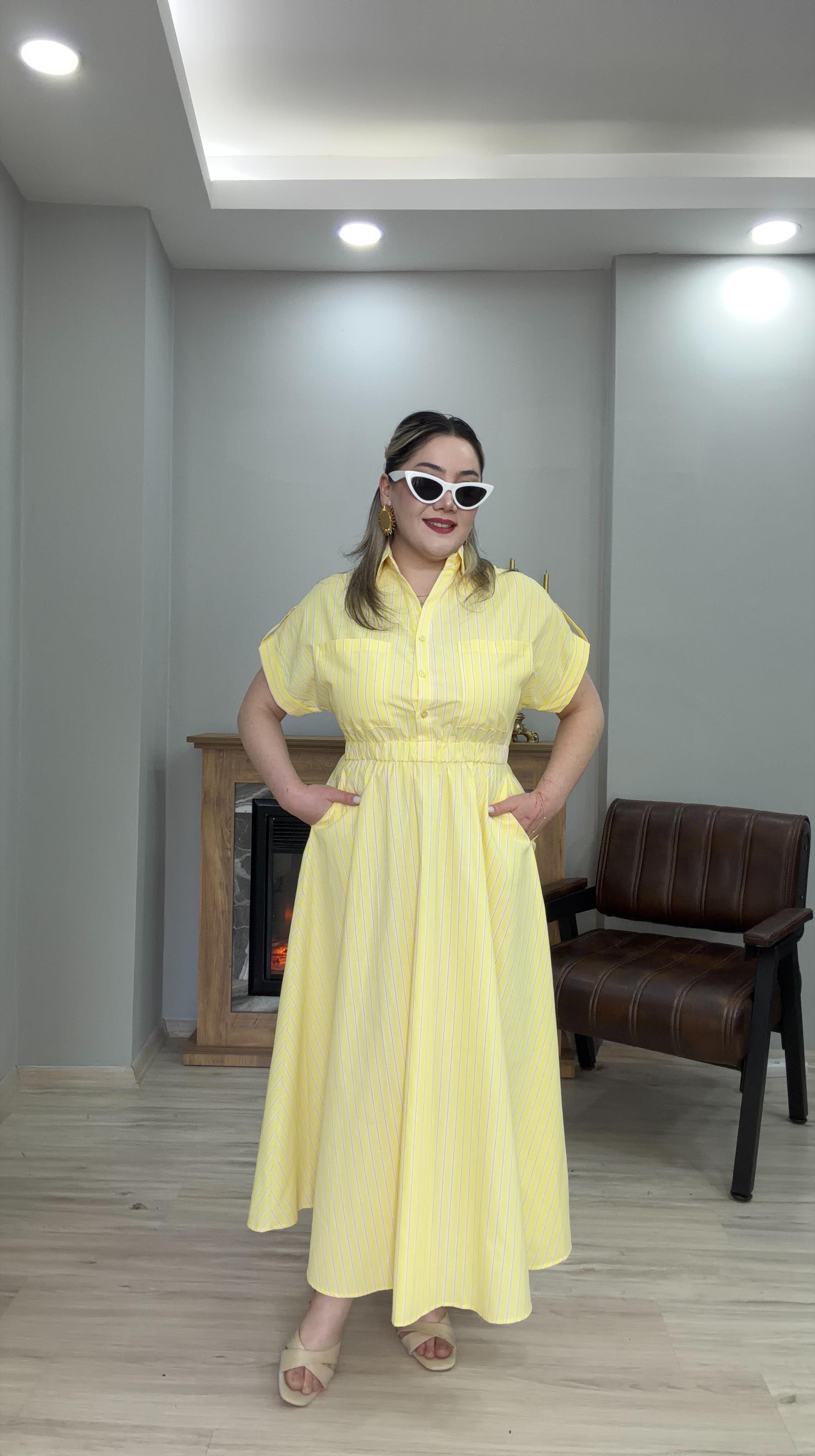 ÇİZGİLİ KISA KOL BELDEN LASTİKLİ ELBİSE SARI