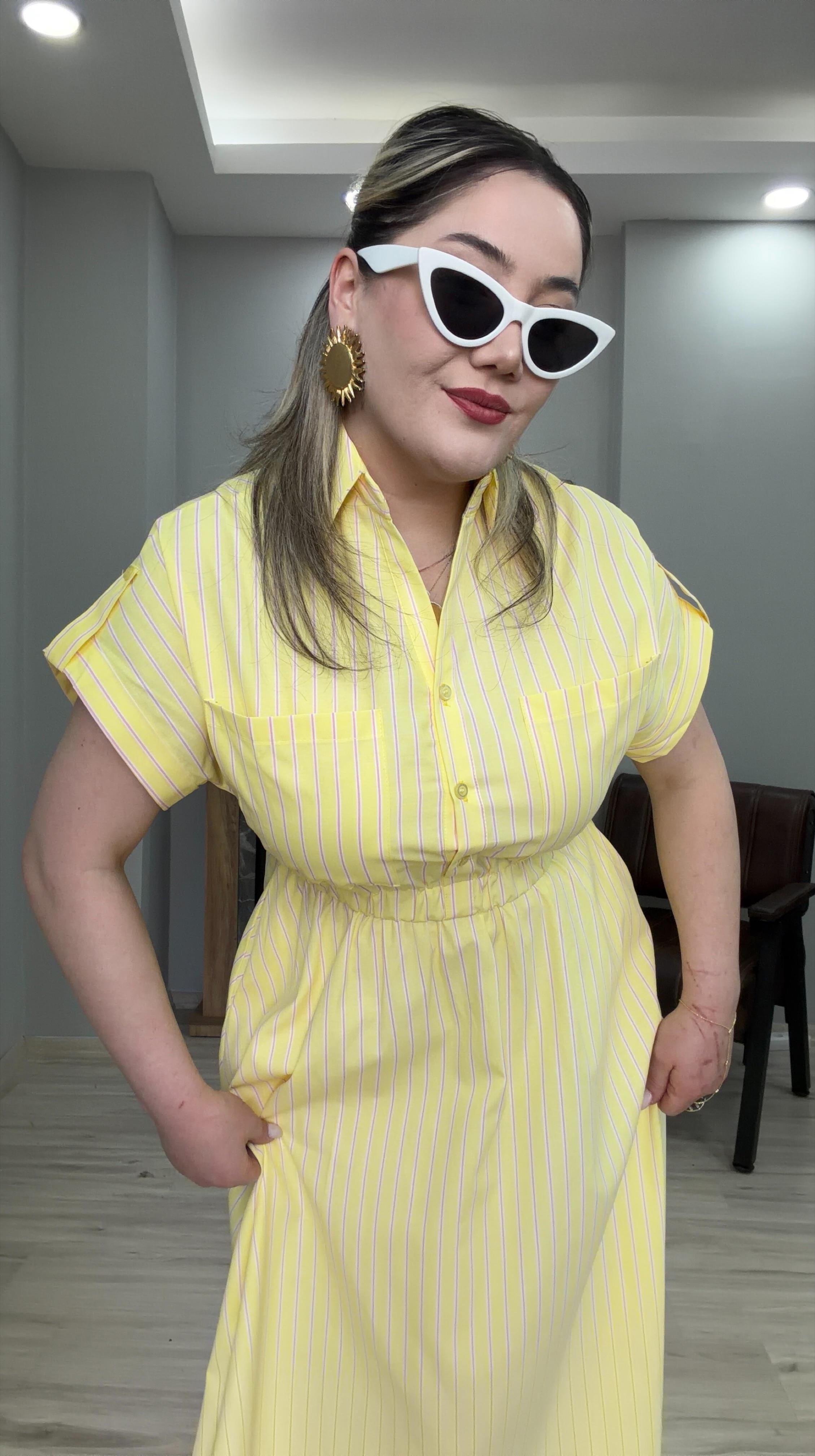 ÇİZGİLİ KISA KOL BELDEN LASTİKLİ ELBİSE SARI