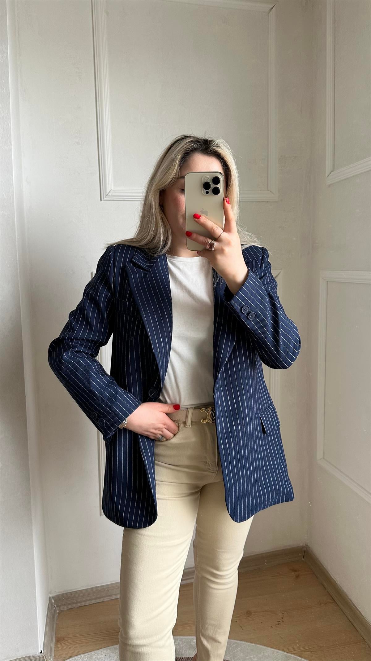 Çizgili Kruvaze yaka katlı blazer ceket