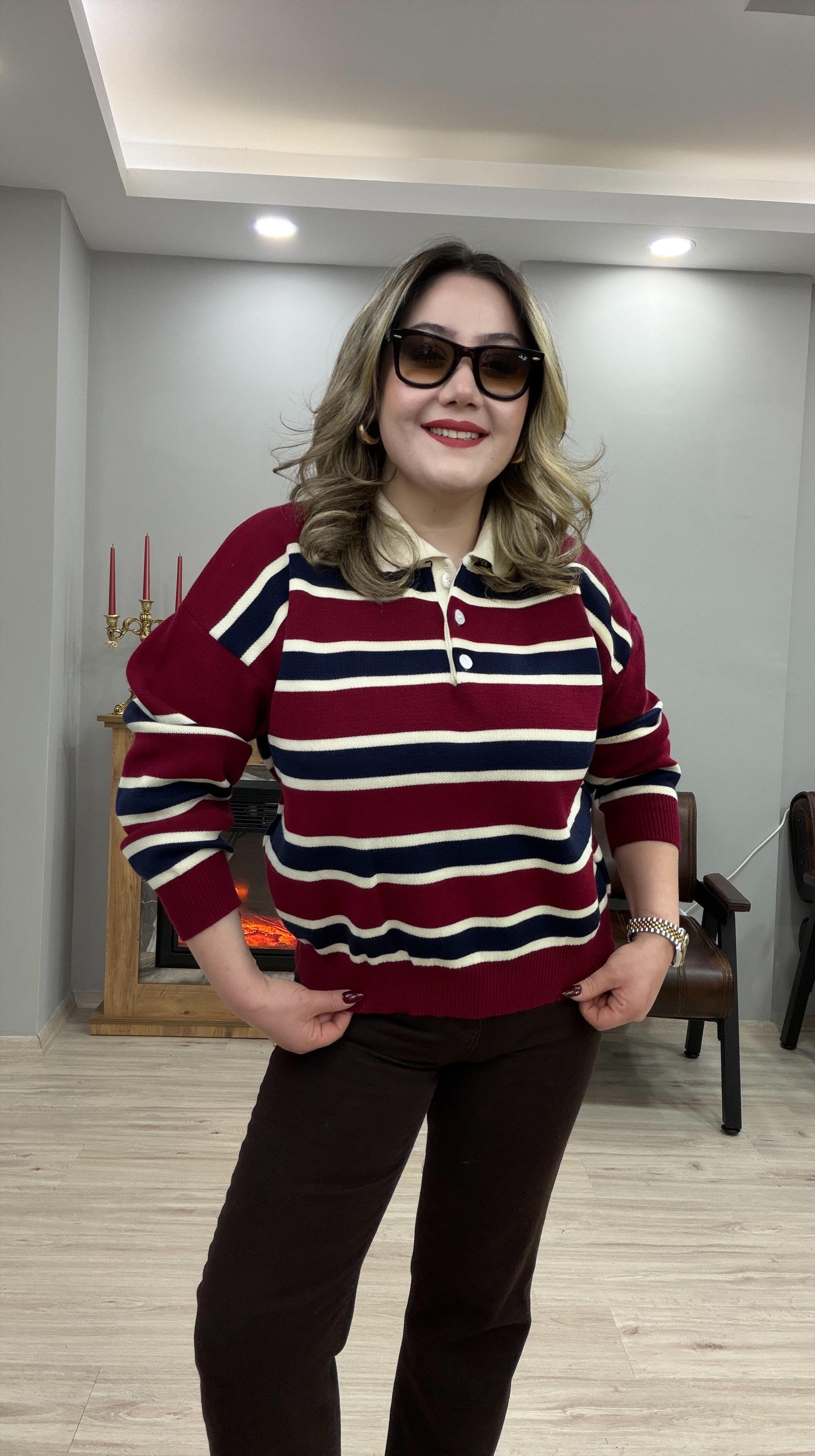 ÇİZGİLİ POLO YAKA TRİKO KAZAK KIRMIZI 
