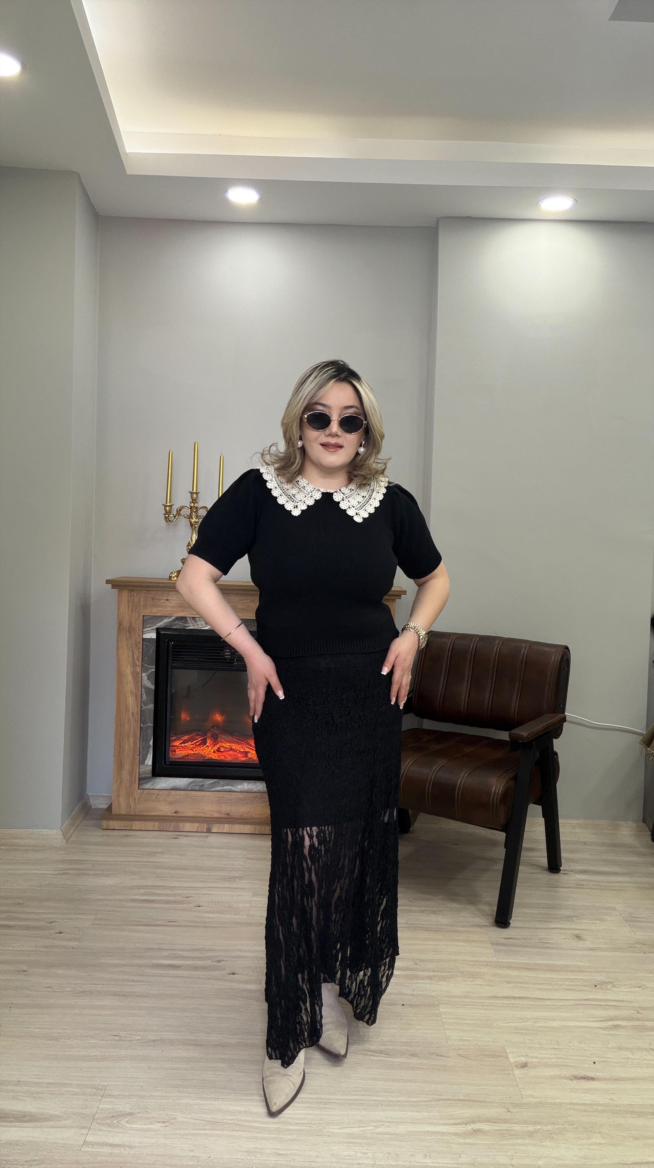 DANTEL YAKA DETAYLI  TRİKO SİYAH