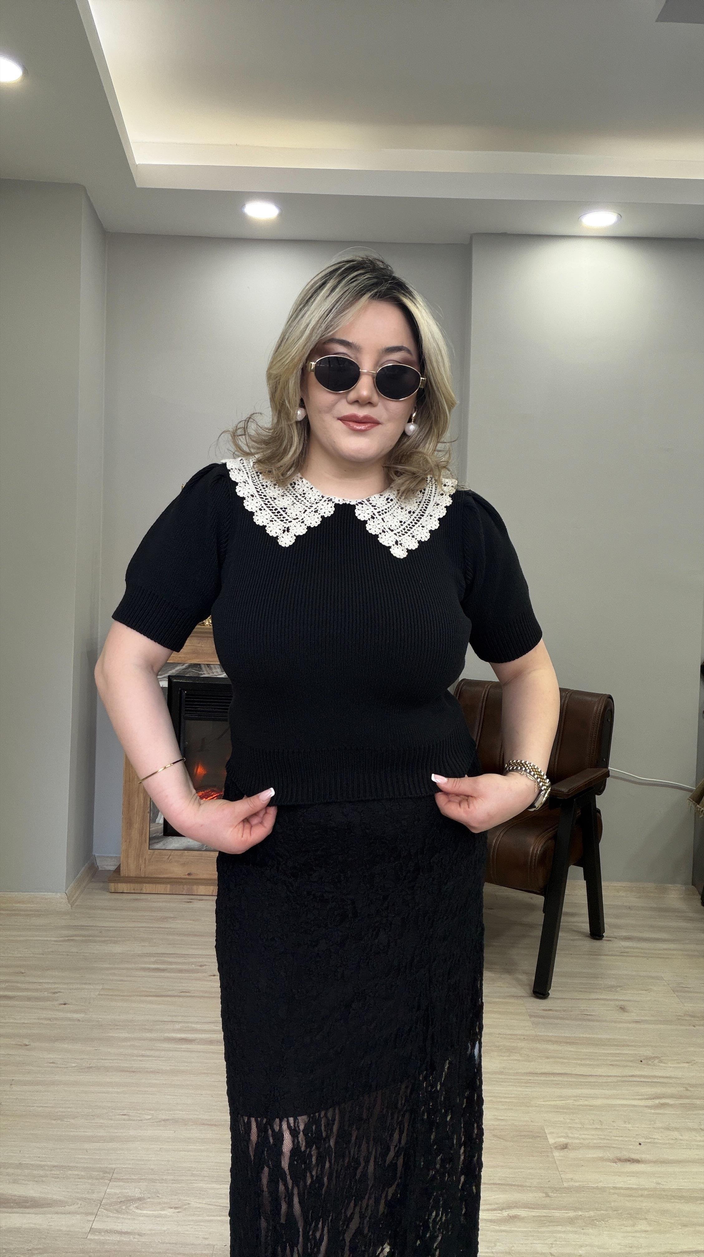 DANTEL YAKA DETAYLI  TRİKO SİYAH