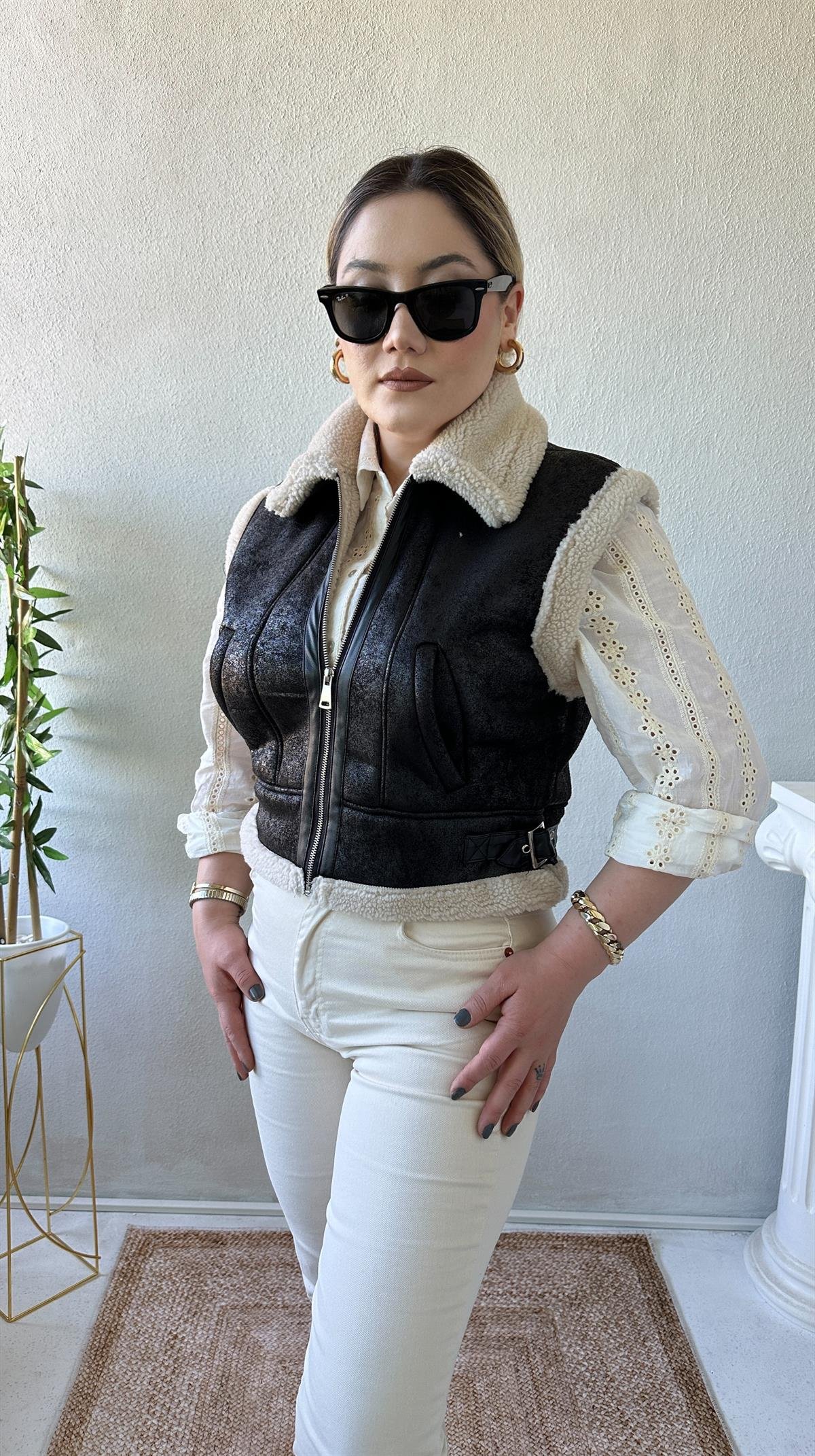 Deri Görünümlü Biker Yelek Siyah