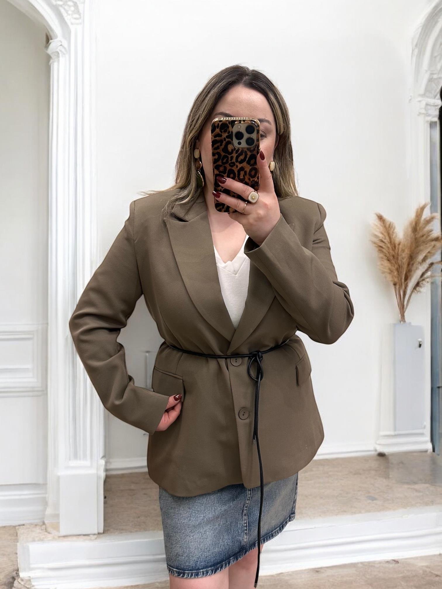 DERİ İP KEMERLİ BLAZER CEKET HAKİ