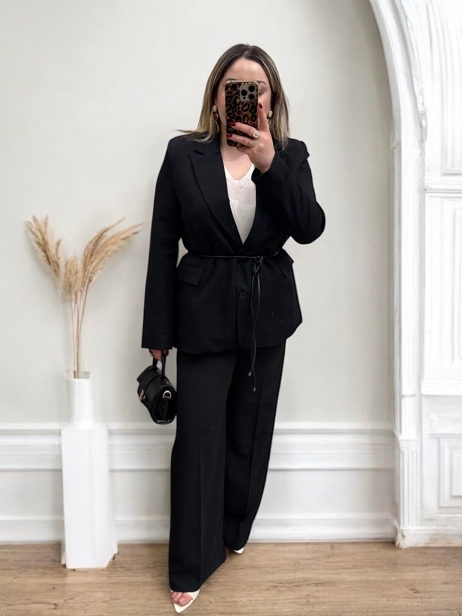 DERİ İP KEMERLİ BLAZER CEKET SİYAH