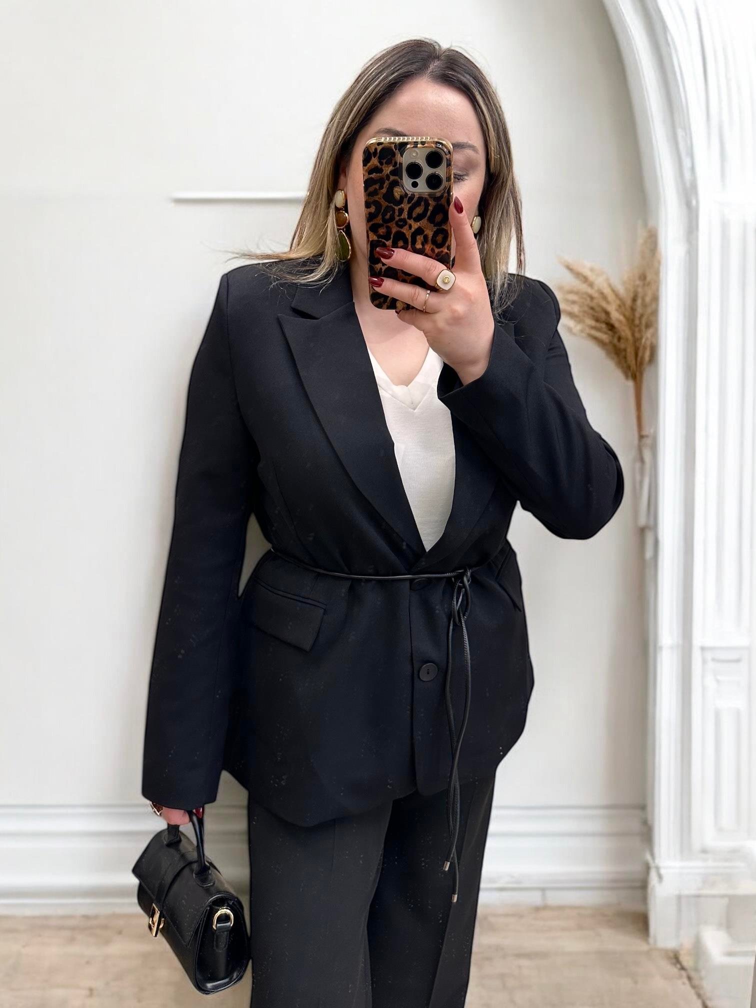 DERİ İP KEMERLİ BLAZER CEKET SİYAH