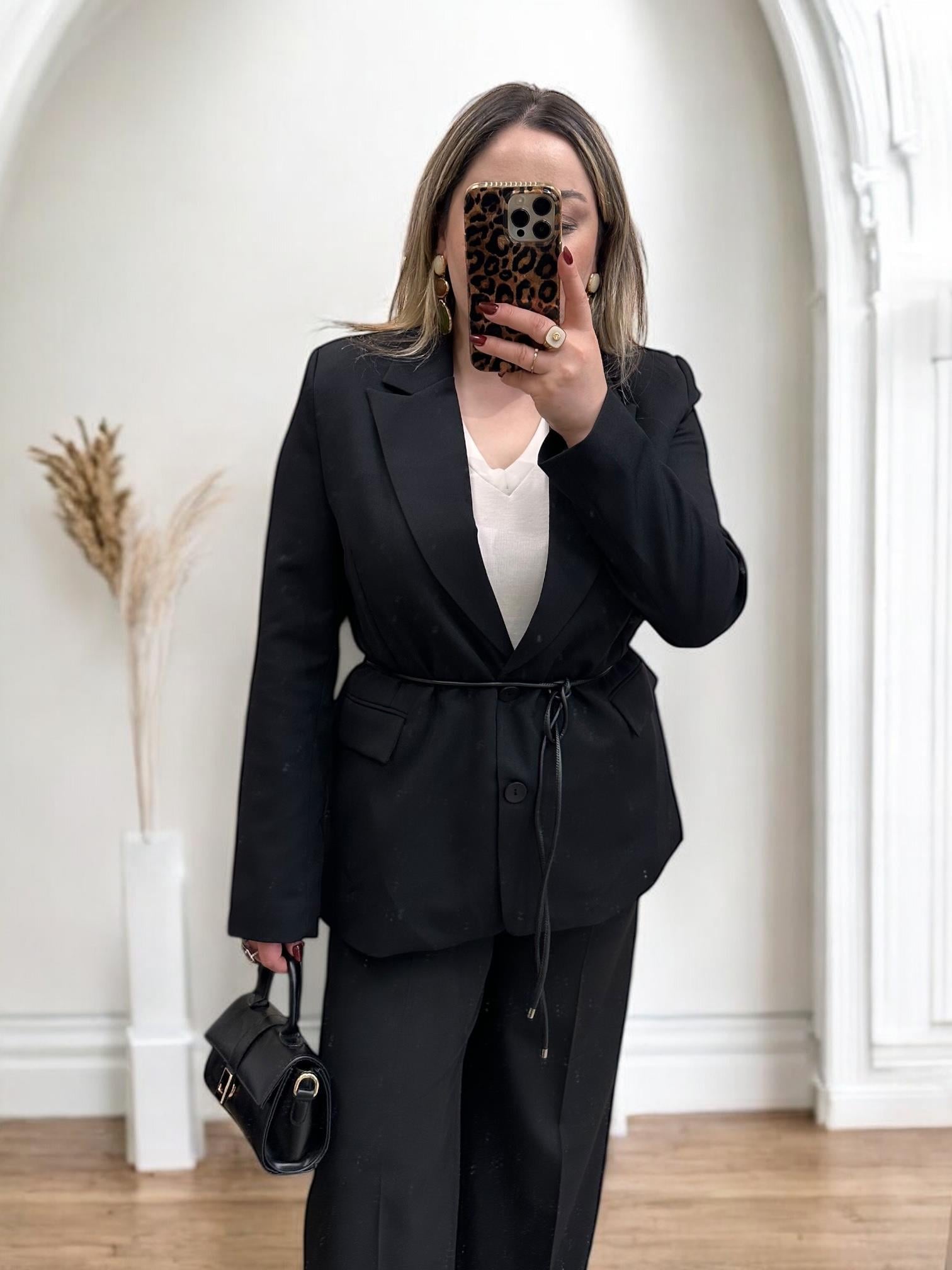 DERİ İP KEMERLİ BLAZER CEKET SİYAH