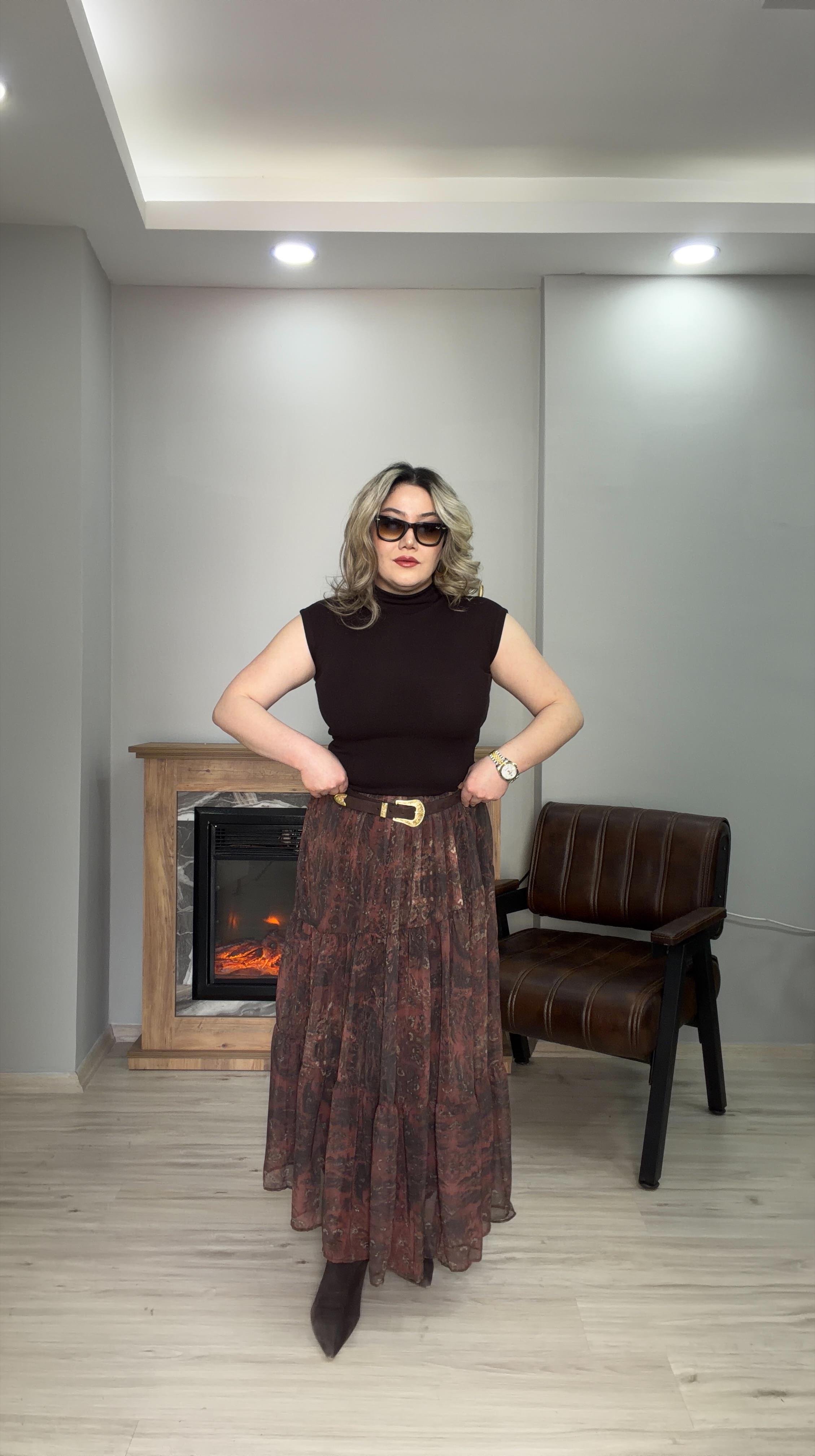 DESENLİ ŞİFON ETEK KAHVE 