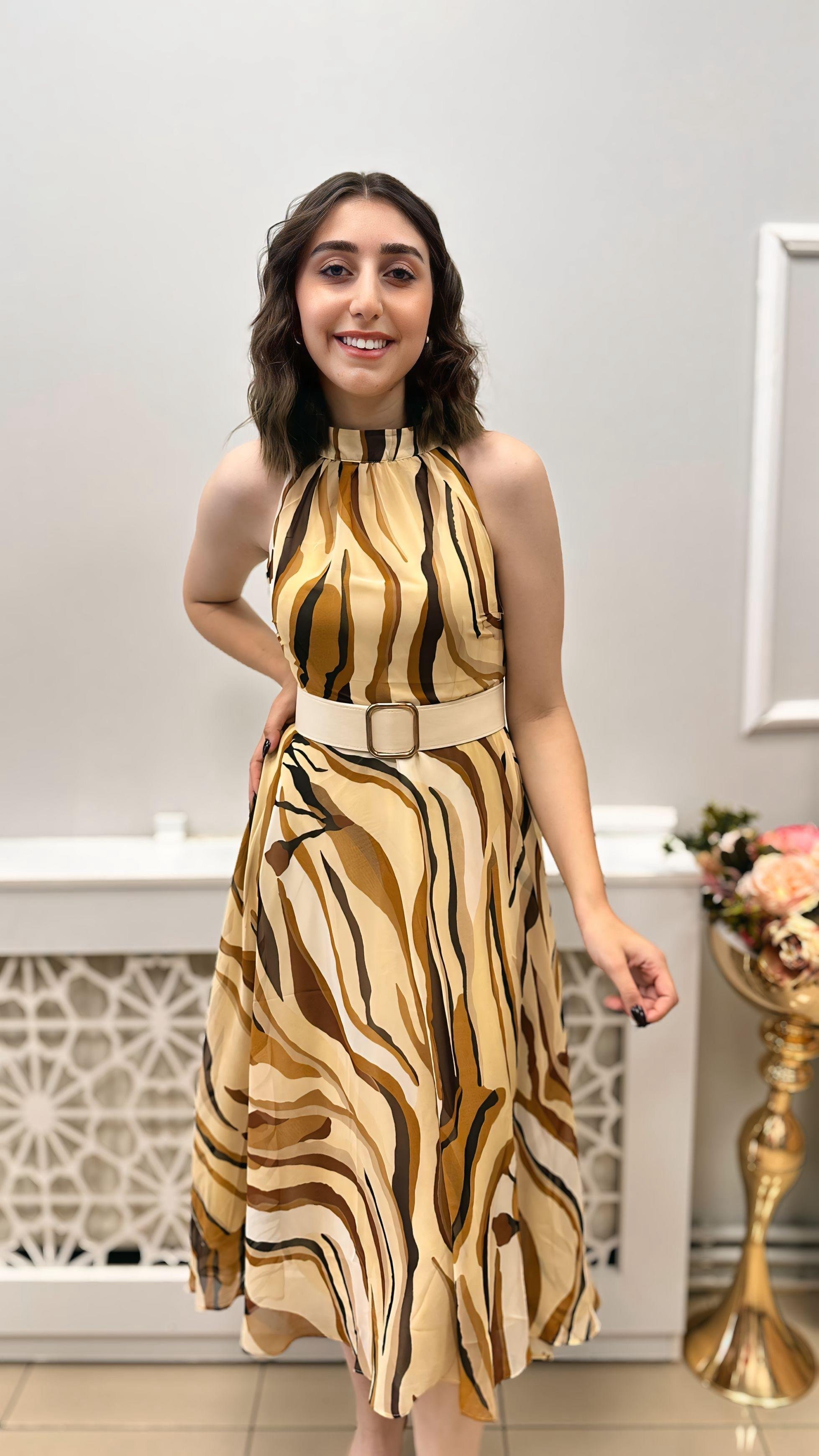 DİANA ASTARLI KEMERLİ ÇİÇEKLİ ELBİSE KAHVE