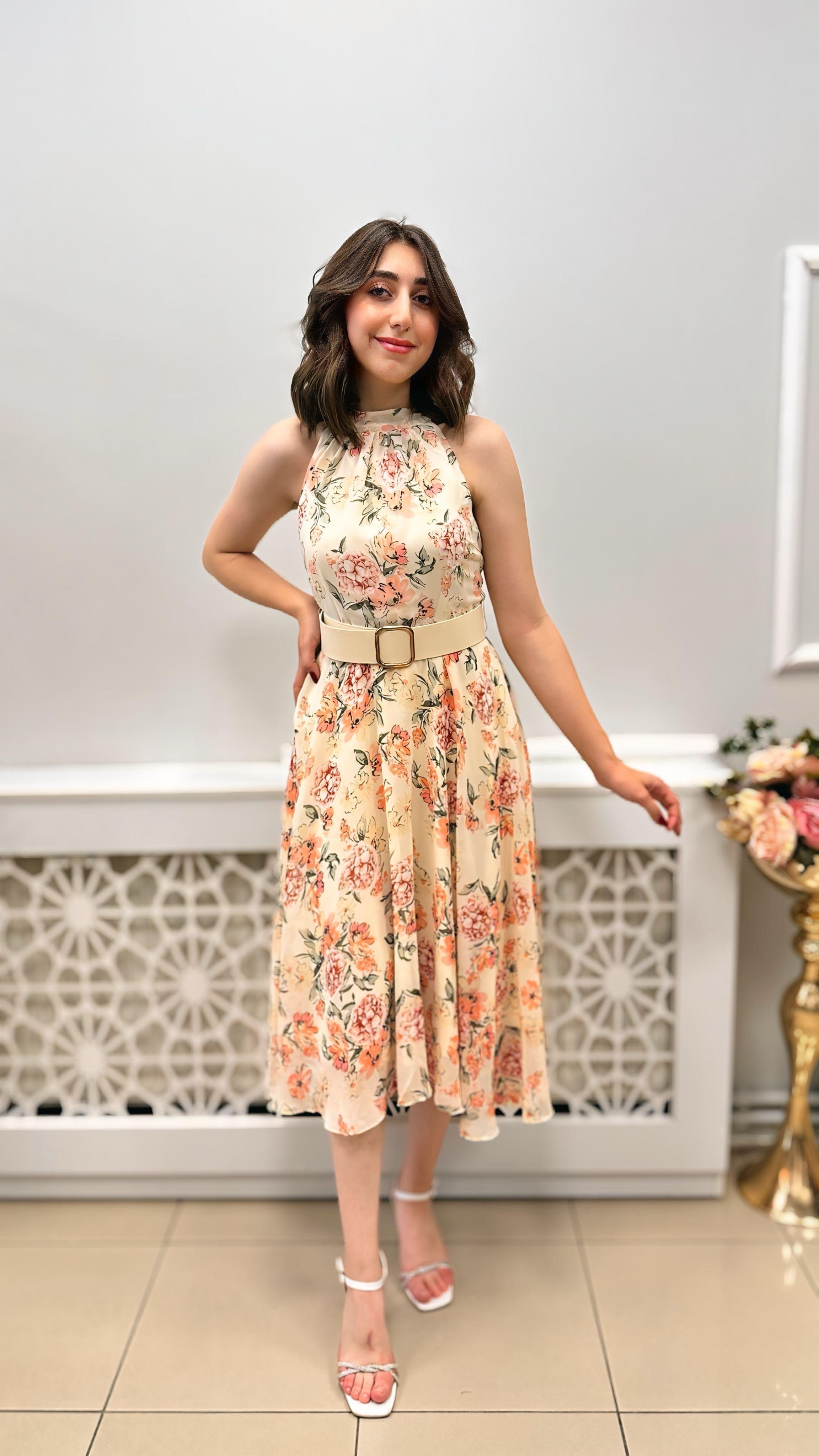 DİANA ASTARLI KEMERLİ ÇİÇEKLİ ELBİSE KREM