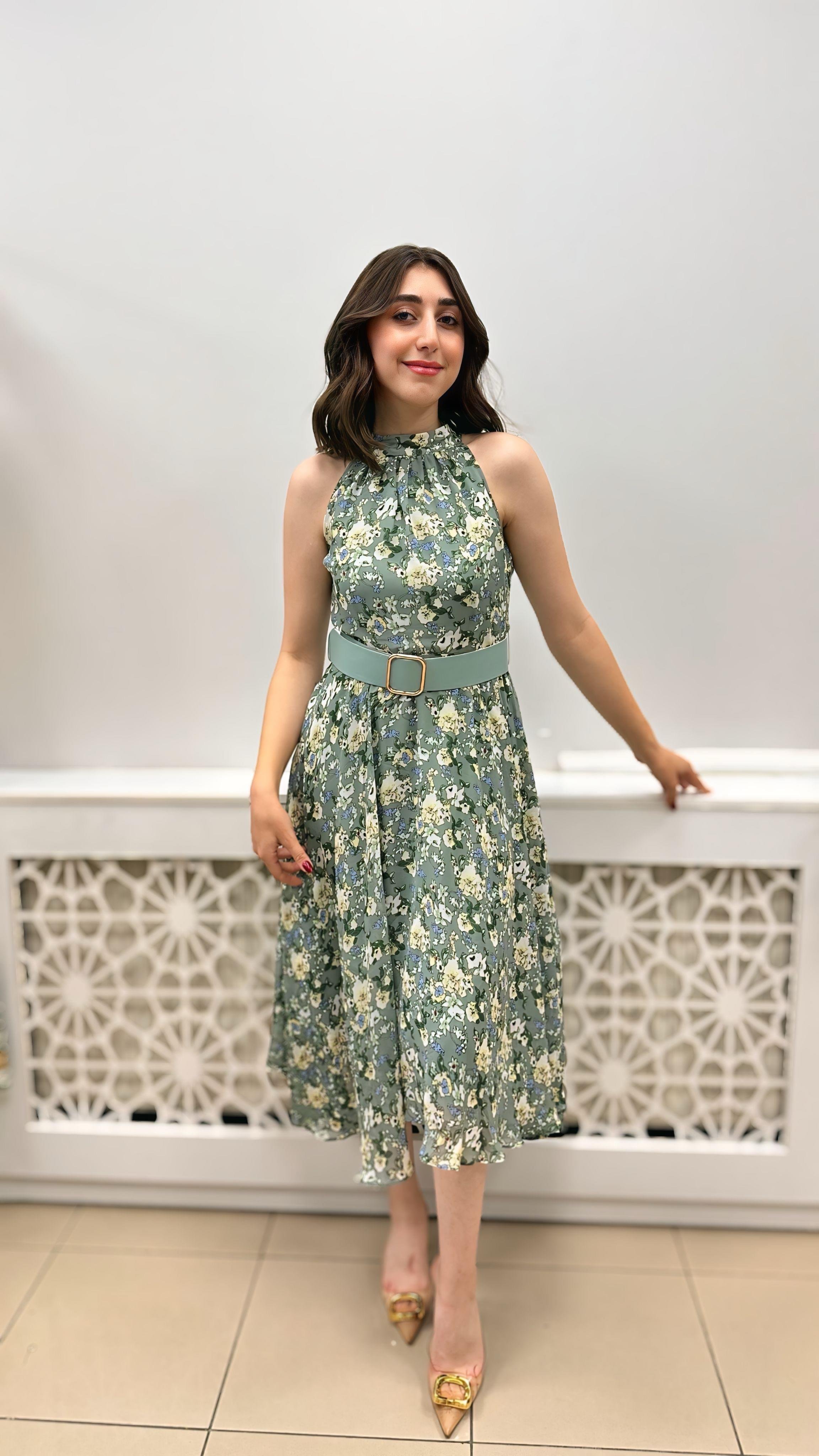 DİANA ASTARLI KEMERLİ ÇİÇEKLİ ELBİSE MİNT