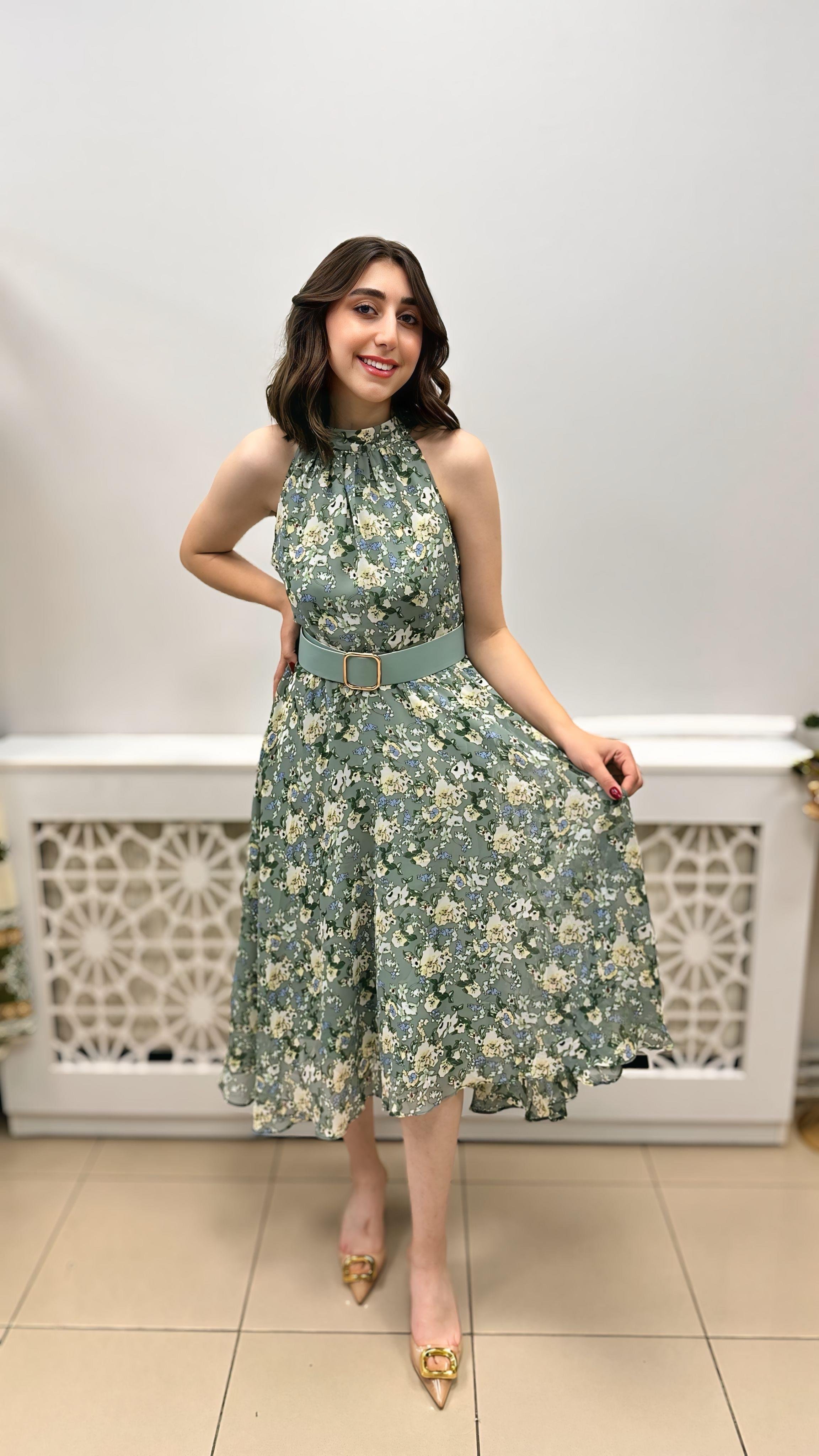 DİANA ASTARLI KEMERLİ ÇİÇEKLİ ELBİSE MİNT