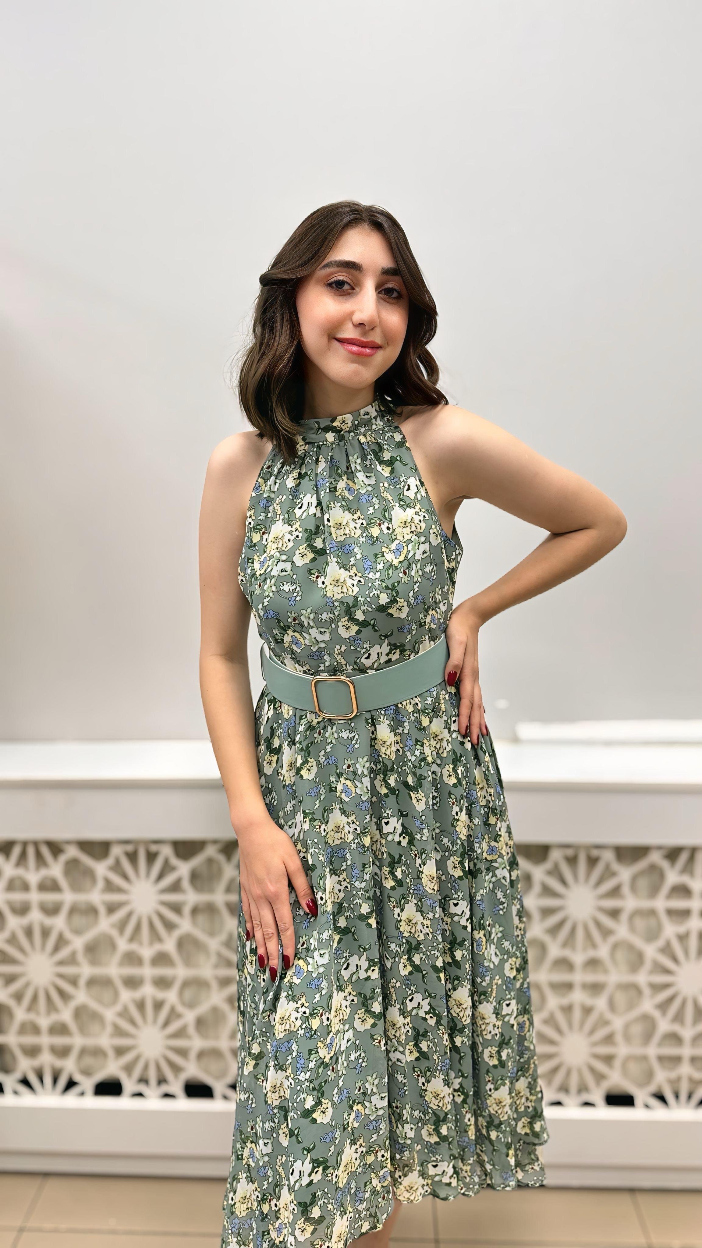 DİANA ASTARLI KEMERLİ ÇİÇEKLİ ELBİSE MİNT