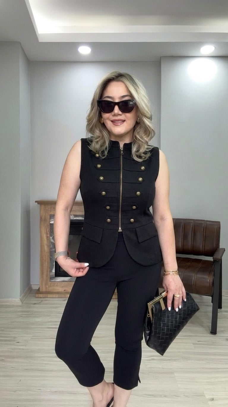 DİK YAKA DÜĞME DETAYLI YELEK SİYAH