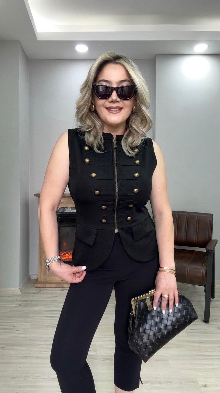 DİK YAKA DÜĞME DETAYLI YELEK SİYAH
