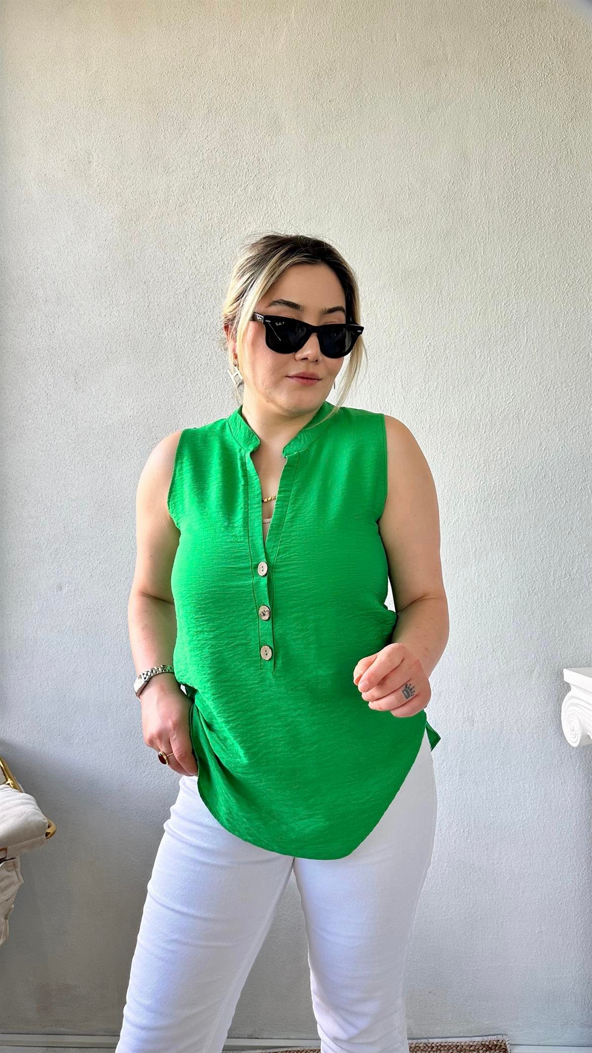 Dik Yaka Sıfır Kol Gömlek-Bluz Benetton Yeşili