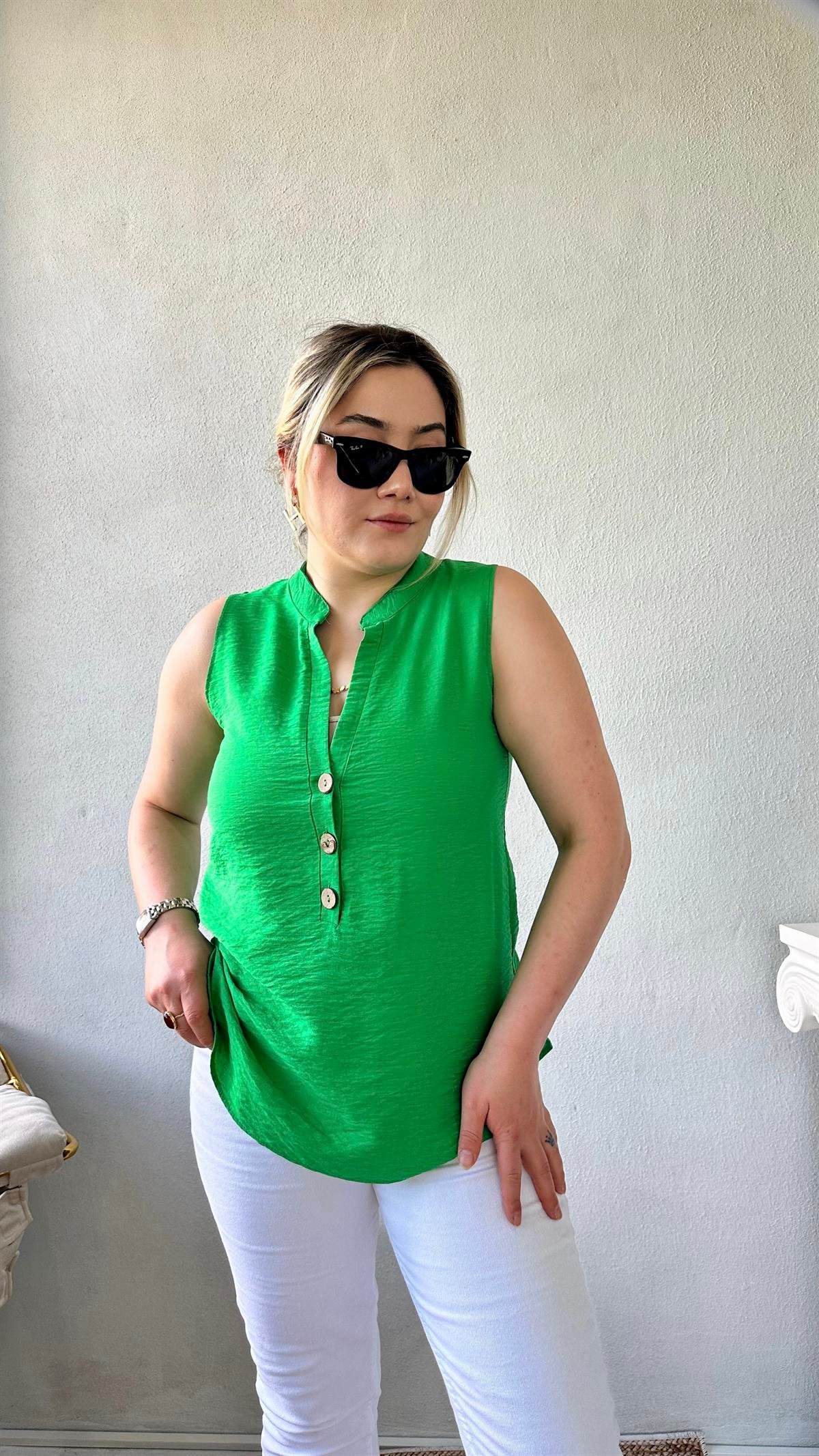 Dik Yaka Sıfır Kol Gömlek-Bluz Benetton Yeşili
