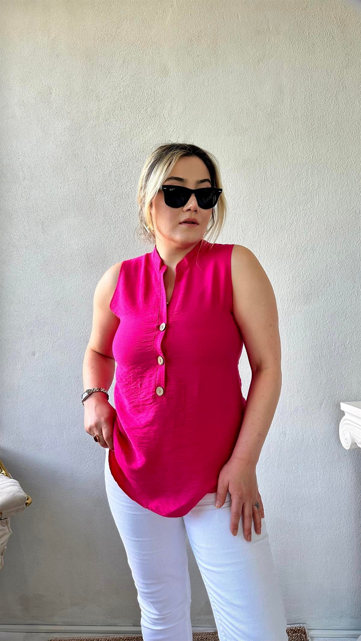 Dik Yaka Sıfır Kol Gömlek-Bluz Fuşya
