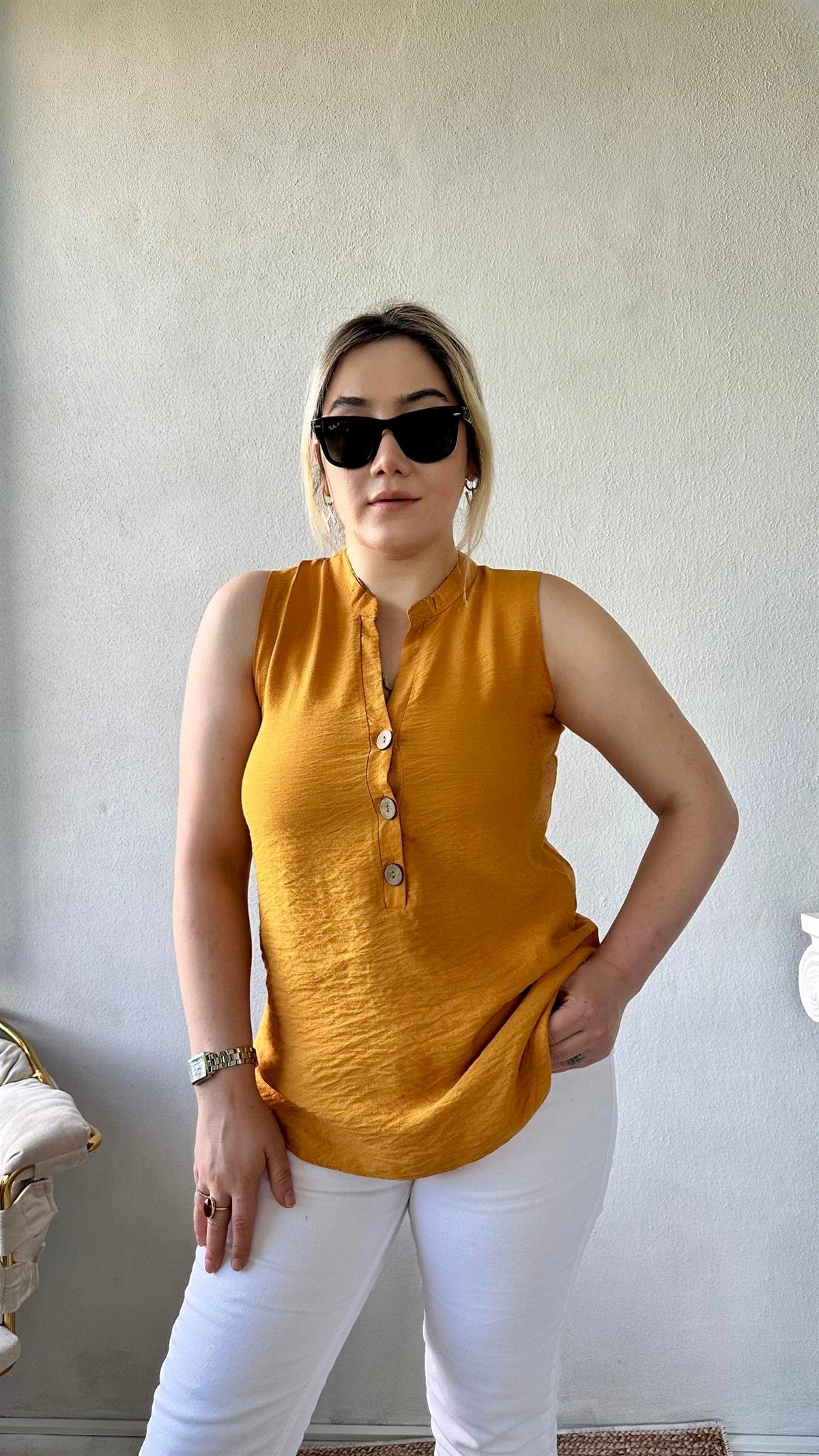 Dik Yaka Sıfır Kol Gömlek-Bluz Hardal sarısı 