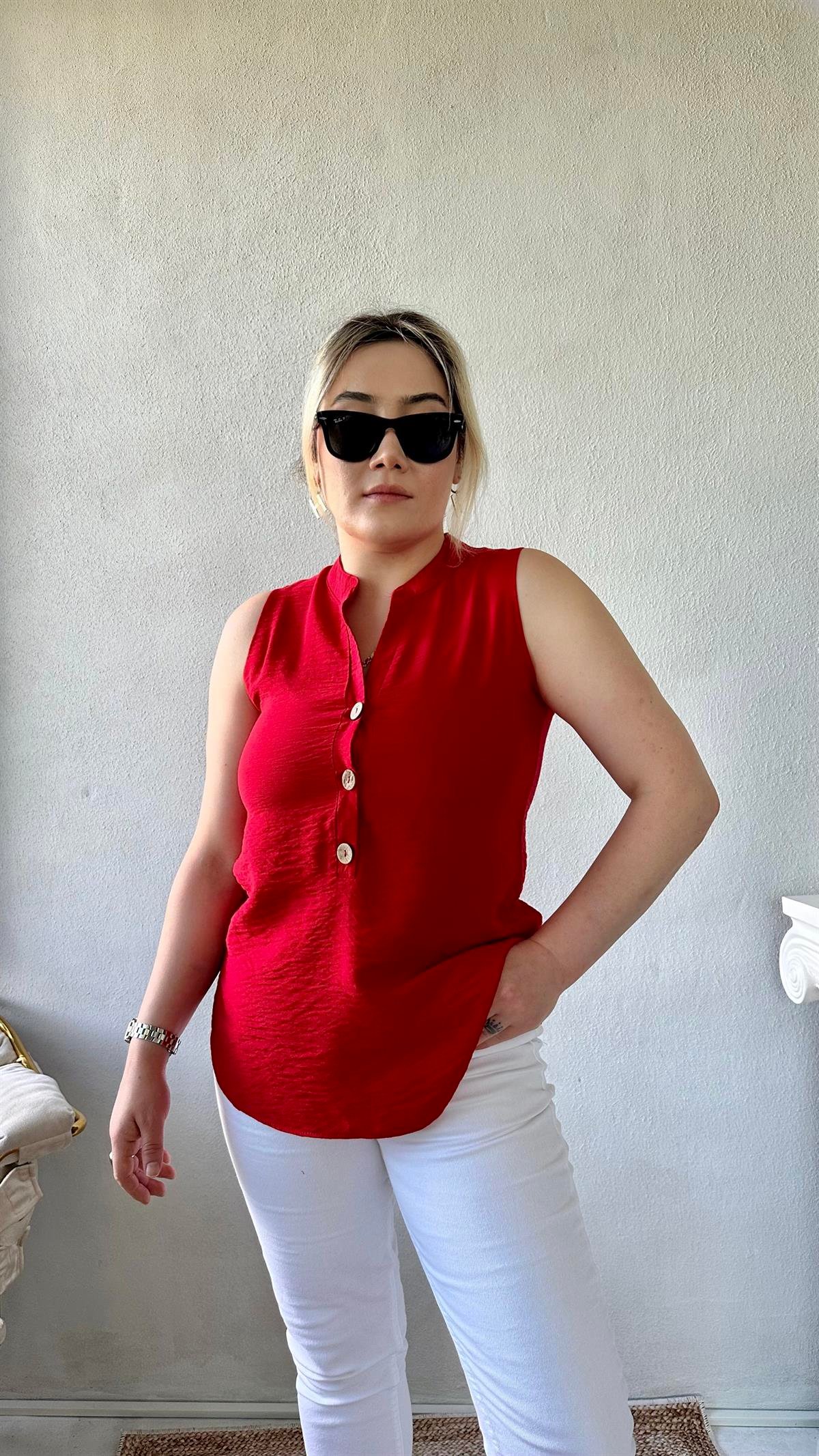 Dik Yaka Sıfır Kol Gömlek-Bluz Kırmızı