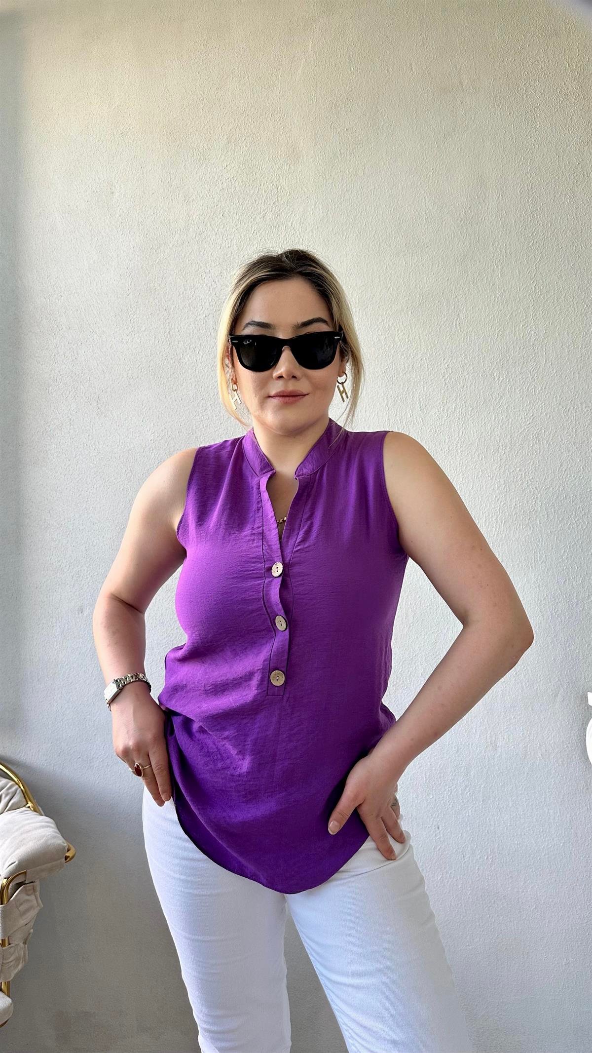 Dik Yaka Sıfır Kol Gömlek-Bluz Mor