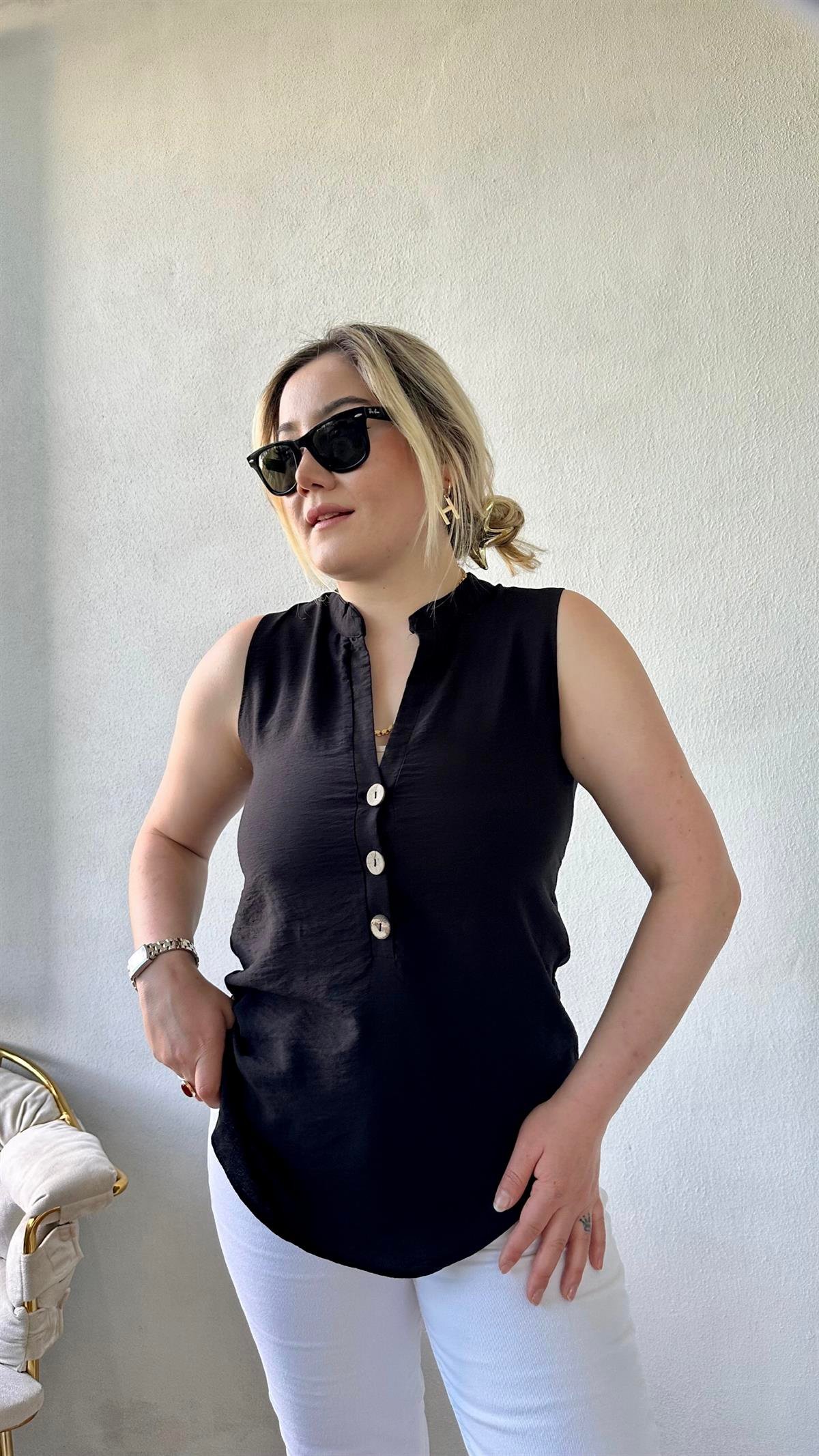 Dik Yaka Sıfır Kol Gömlek-Bluz Siyah