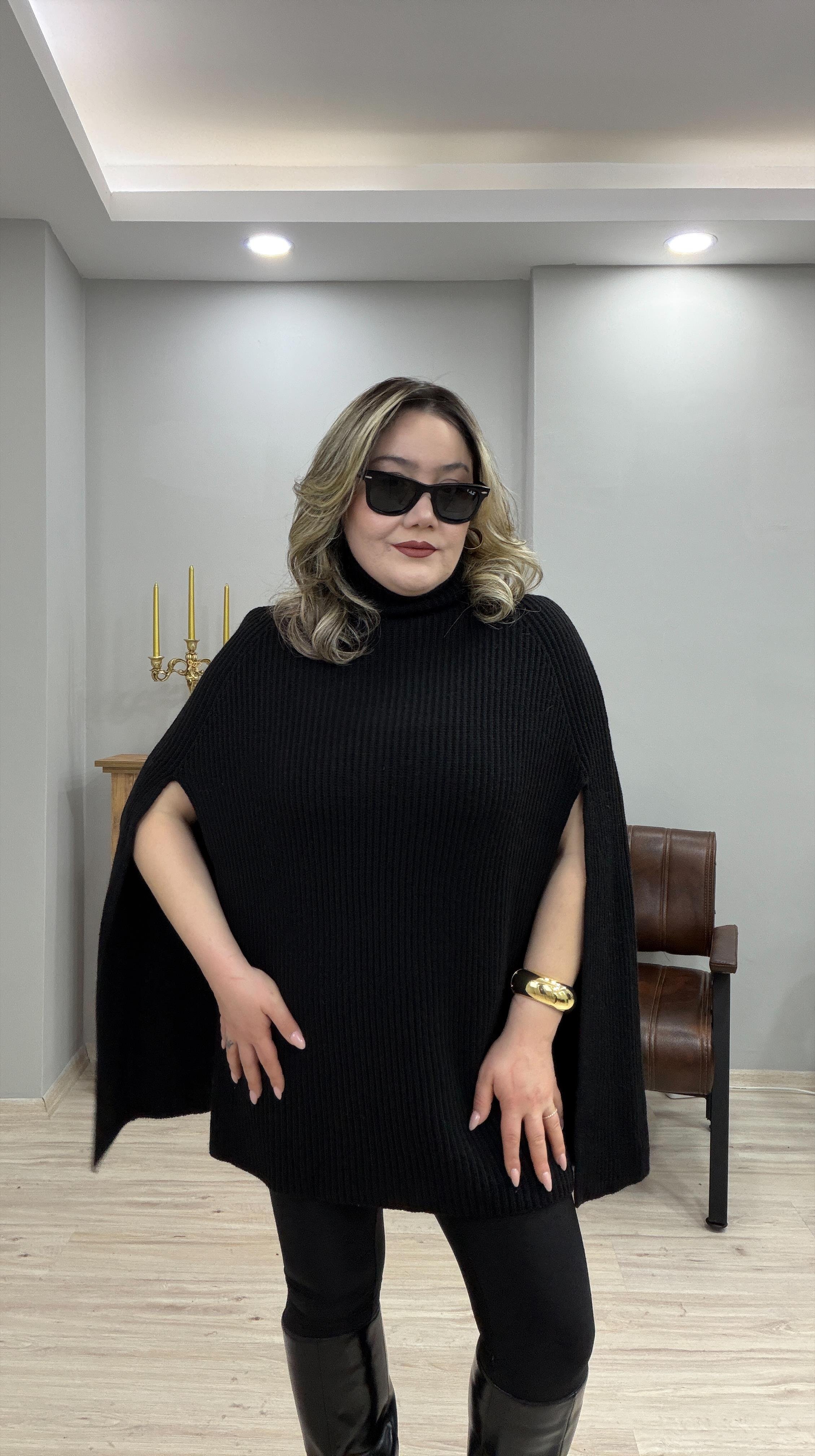DİK YAKA TRİKO PANÇO KAZAK SİYAH