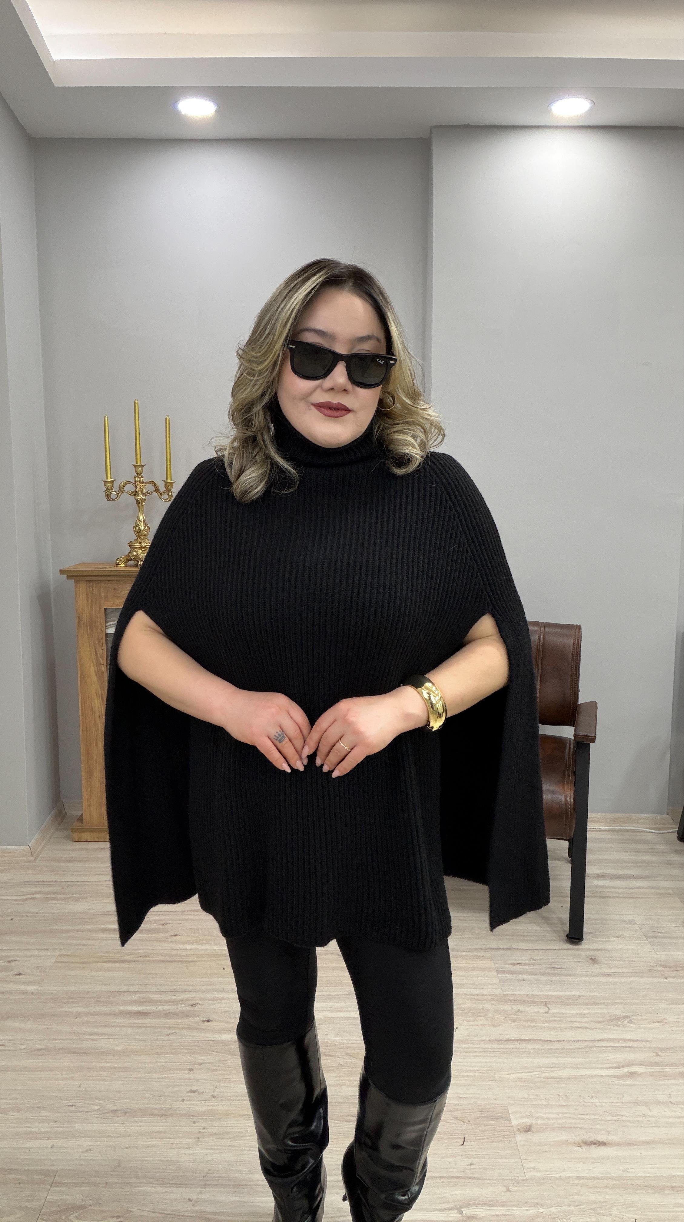 DİK YAKA TRİKO PANÇO KAZAK SİYAH