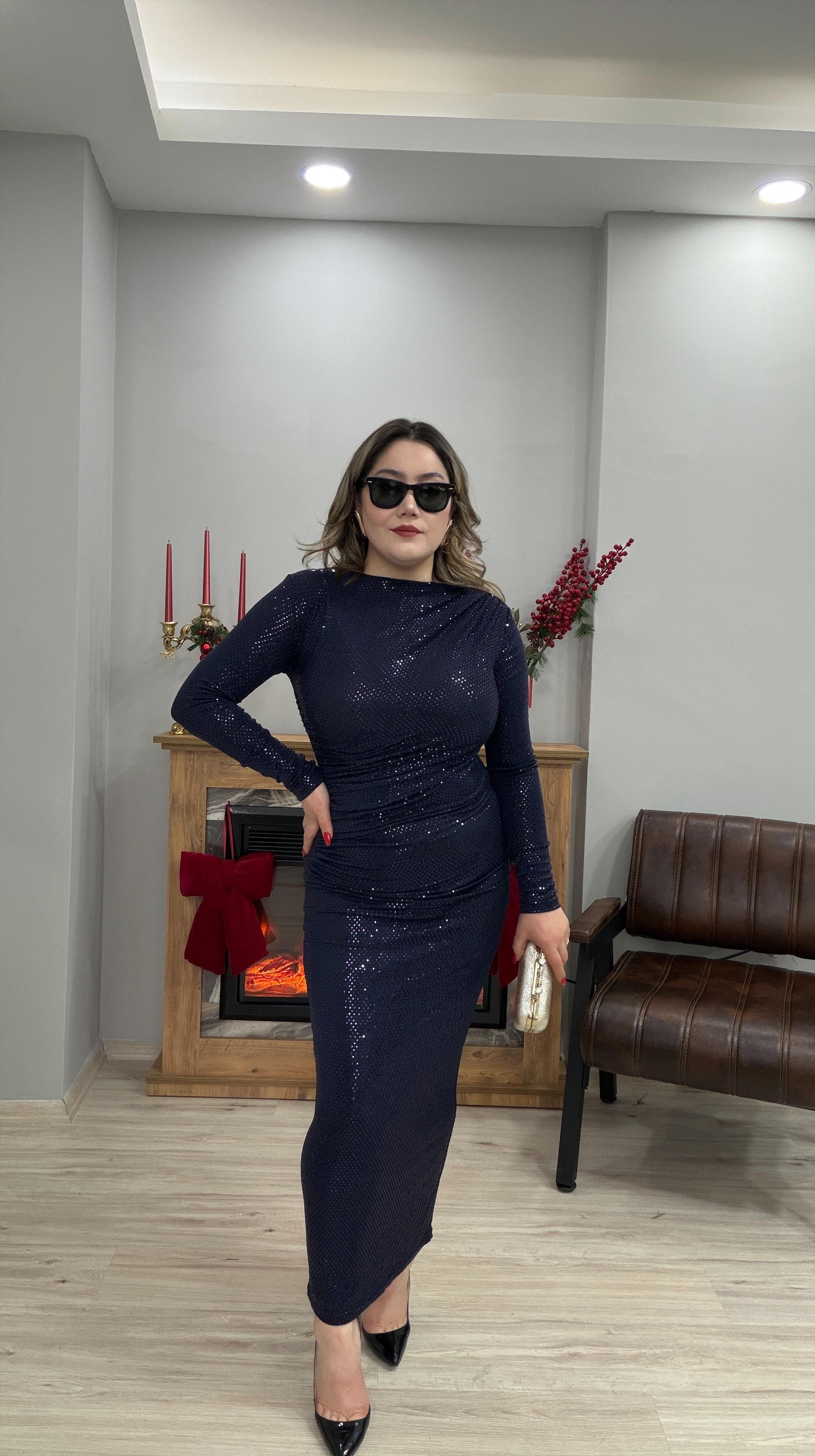 DRAPE DETAYLI PAYETLİ ELBİSE LACİVERT