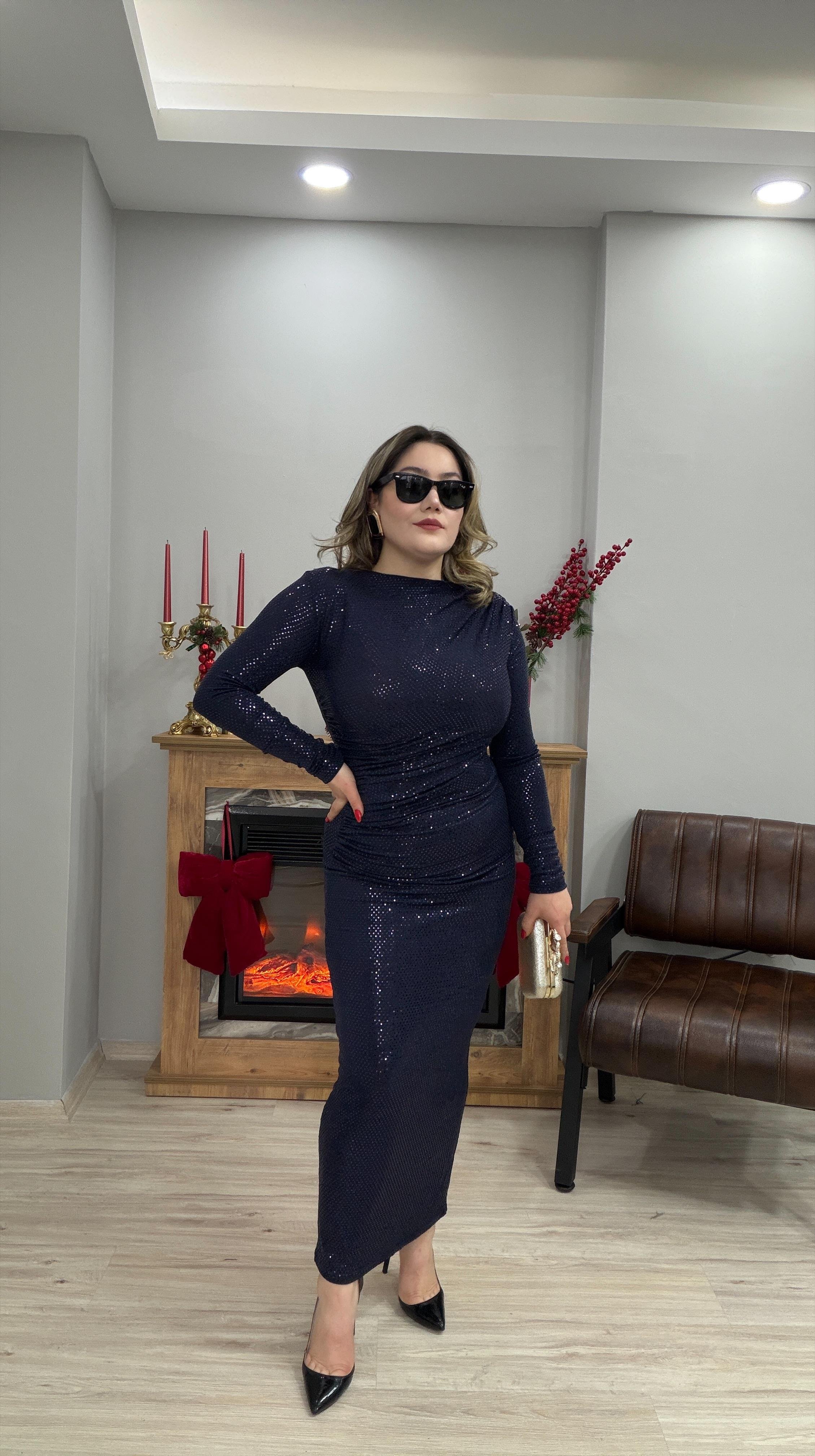 DRAPE DETAYLI PAYETLİ ELBİSE LACİVERT