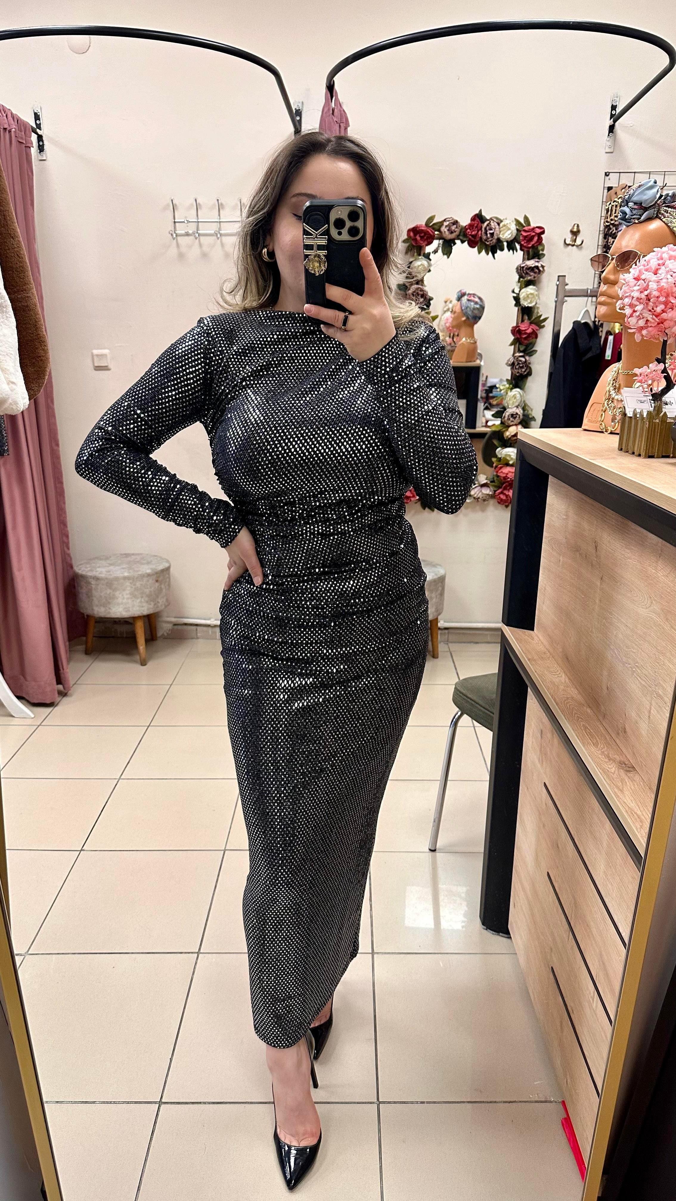DRAPE DETAYLI PAYETLİ ELBİSE METALİK