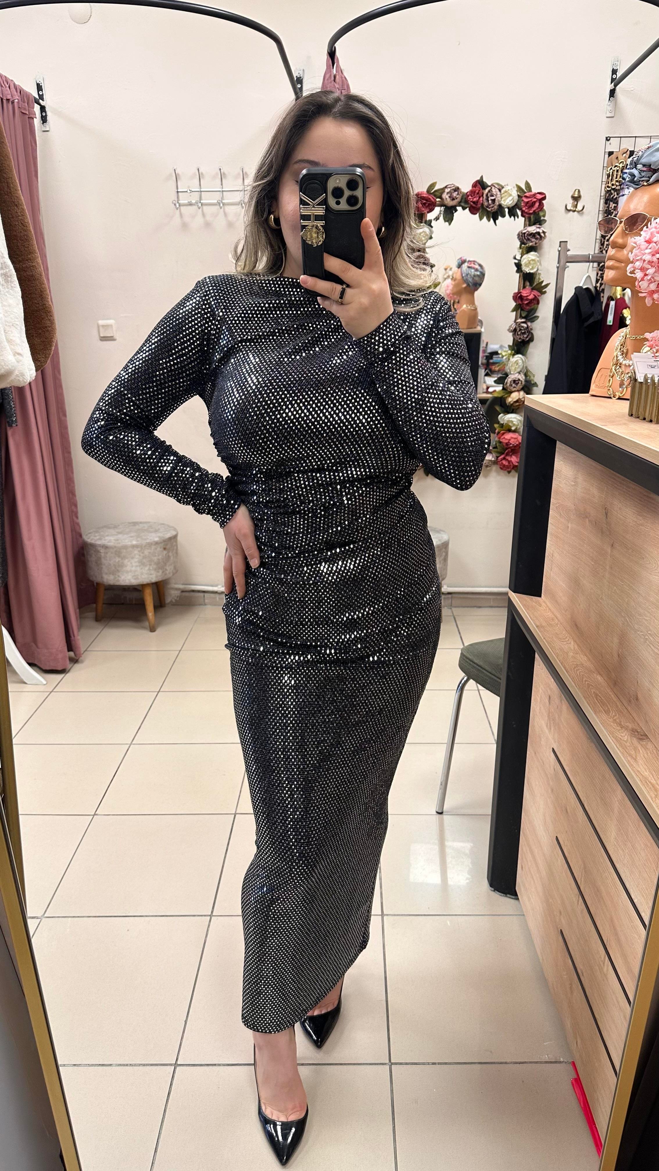 DRAPE DETAYLI PAYETLİ ELBİSE METALİK