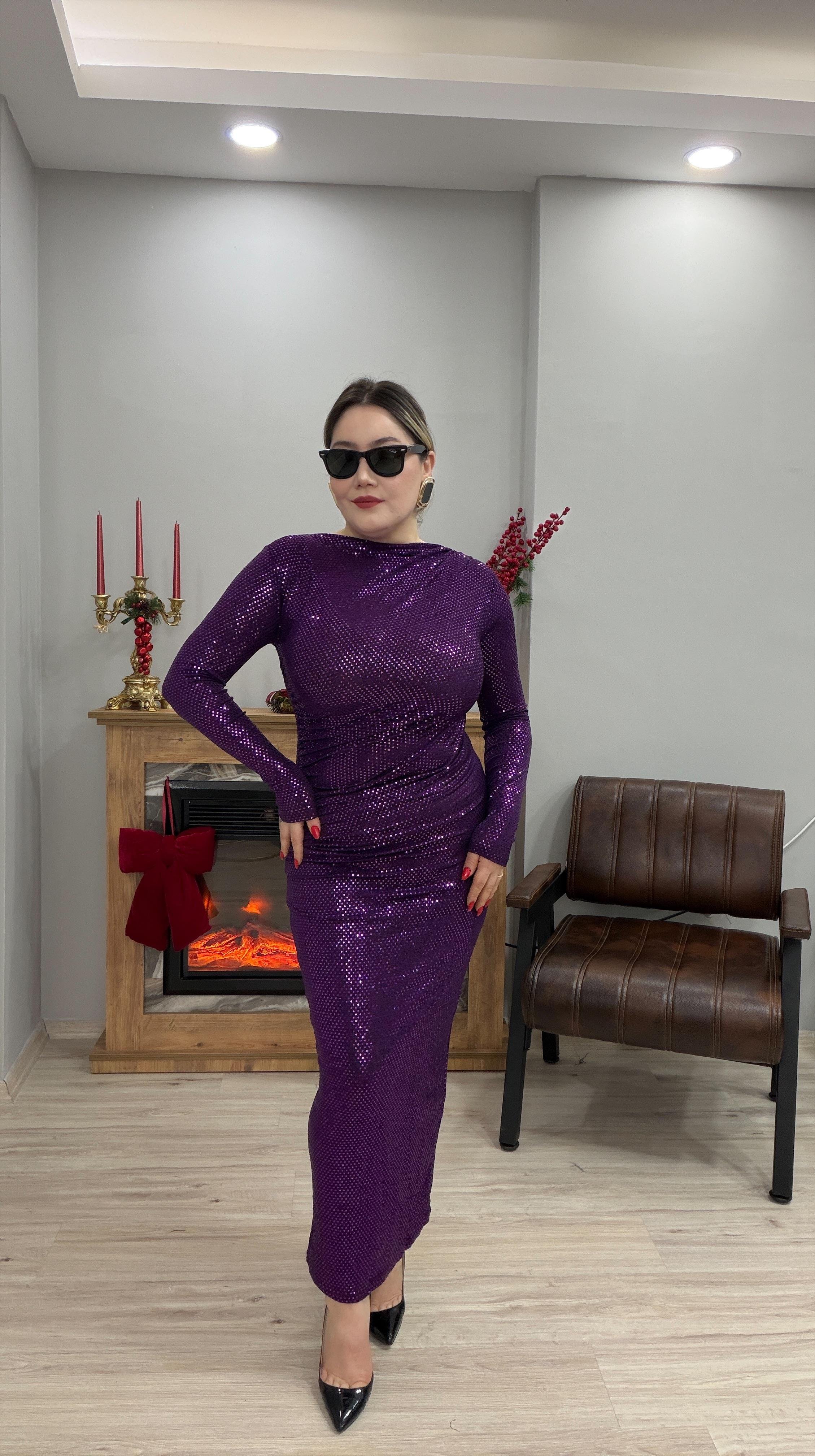 DRAPE DETAYLI PAYETLİ ELBİSE MOR