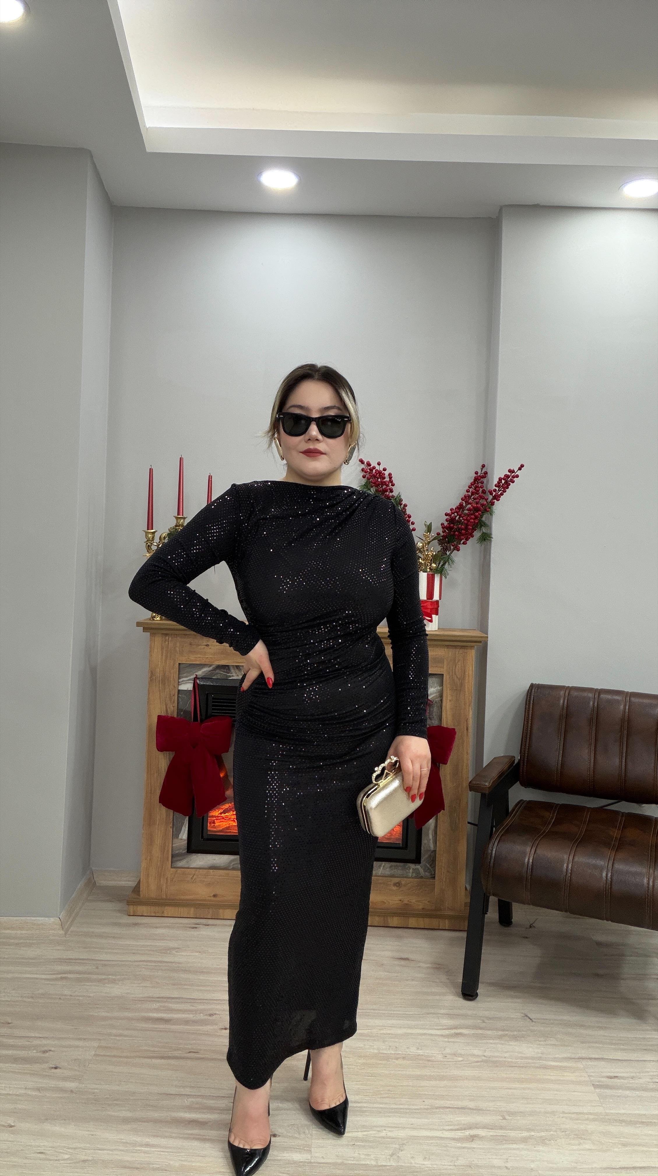 DRAPE DETAYLI PAYETLİ ELBİSE SİYAH