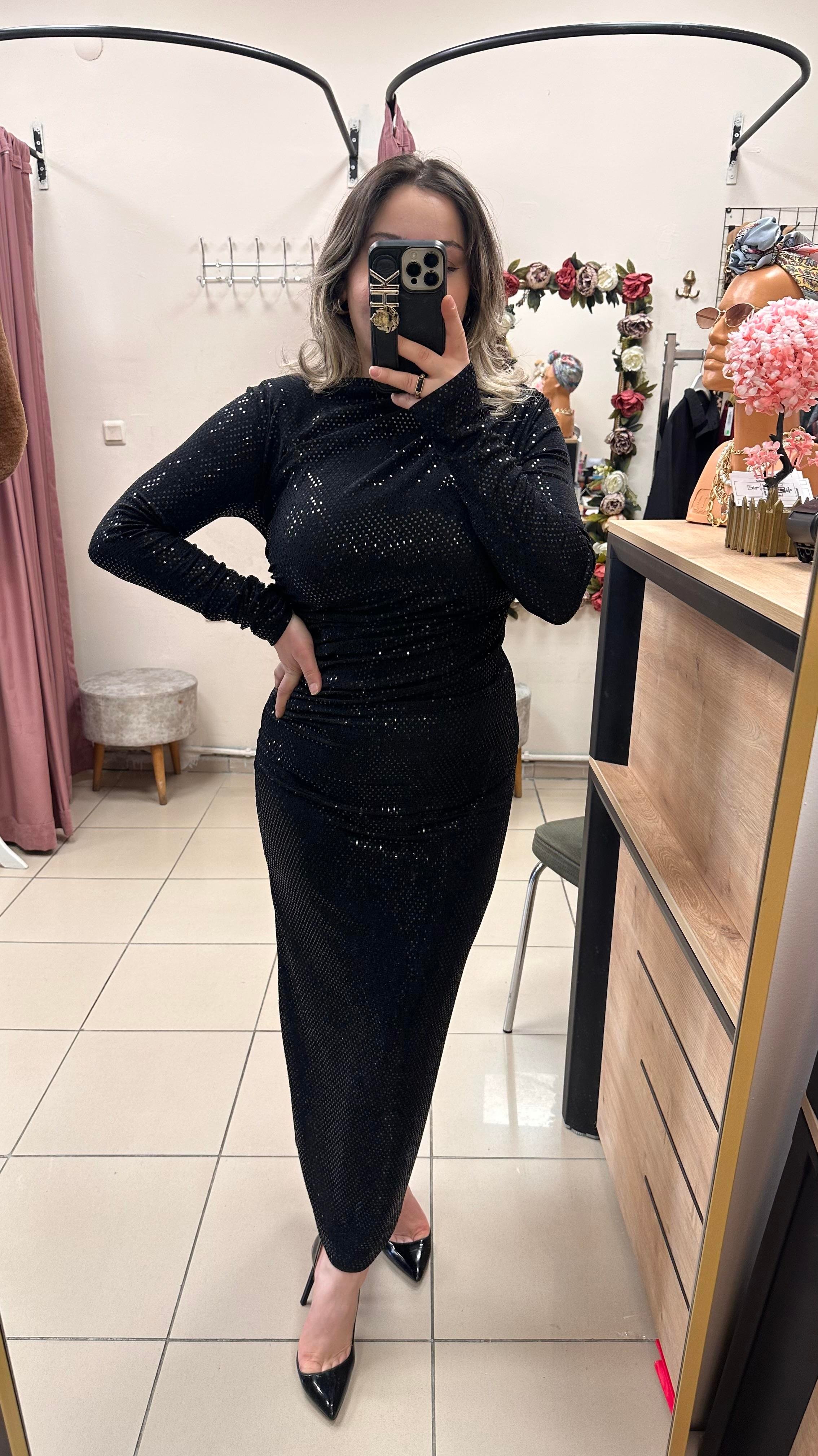 DRAPE DETAYLI PAYETLİ ELBİSE SİYAH