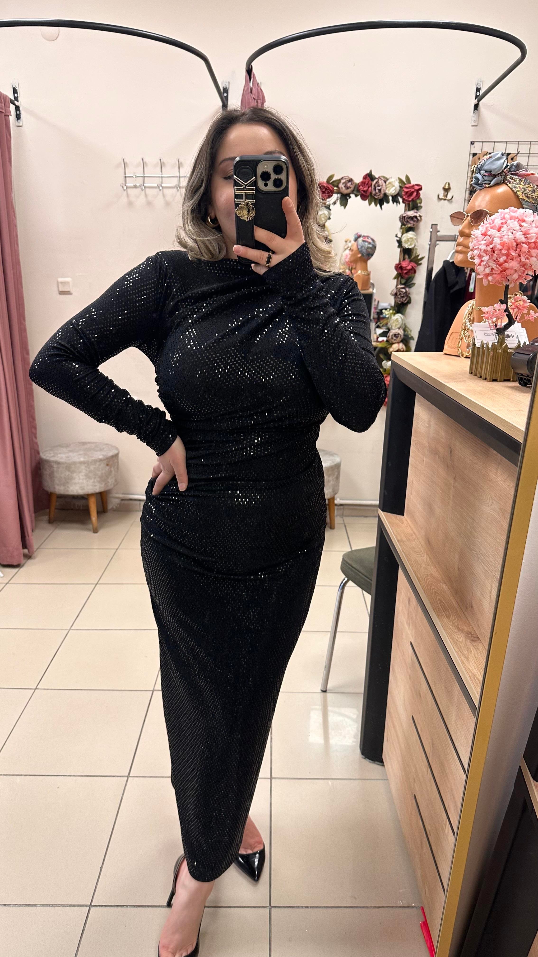 DRAPE DETAYLI PAYETLİ ELBİSE SİYAH