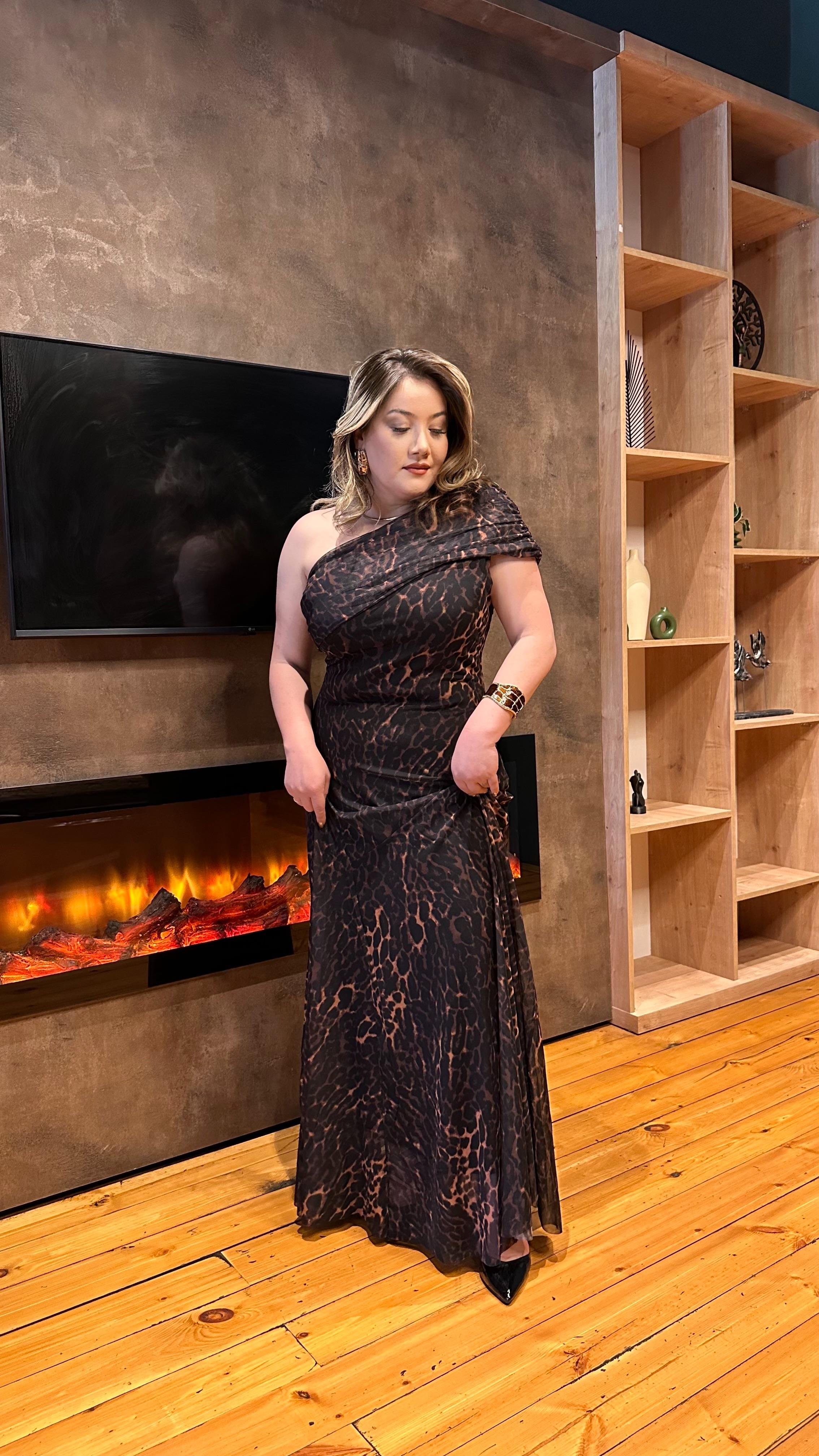DRAPE OMUZ DETAYLI ROMANTİK TÜL ELBİSE LEOPAR