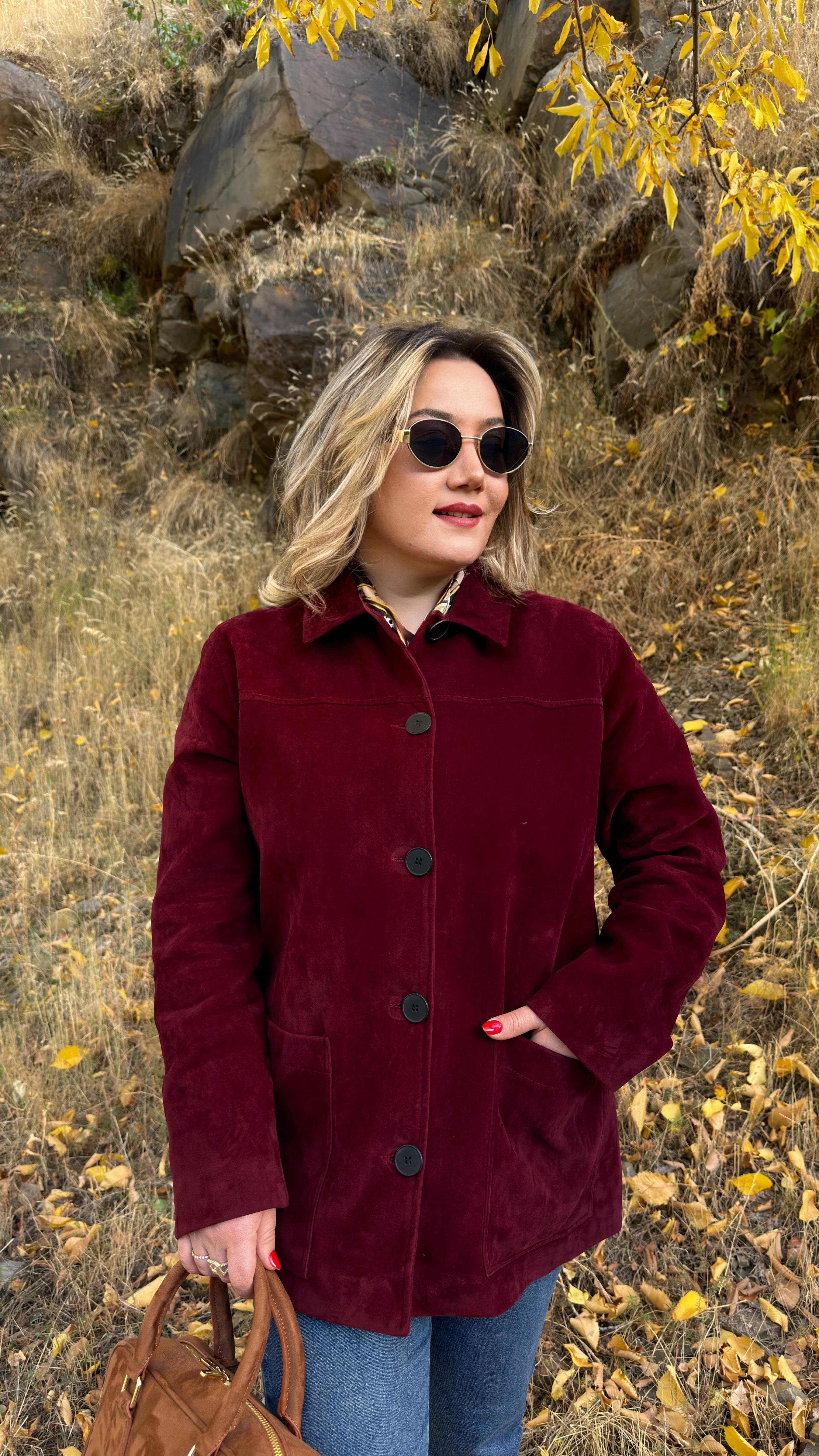 DÜĞME DETAYLI SÜET CEKET BORDO