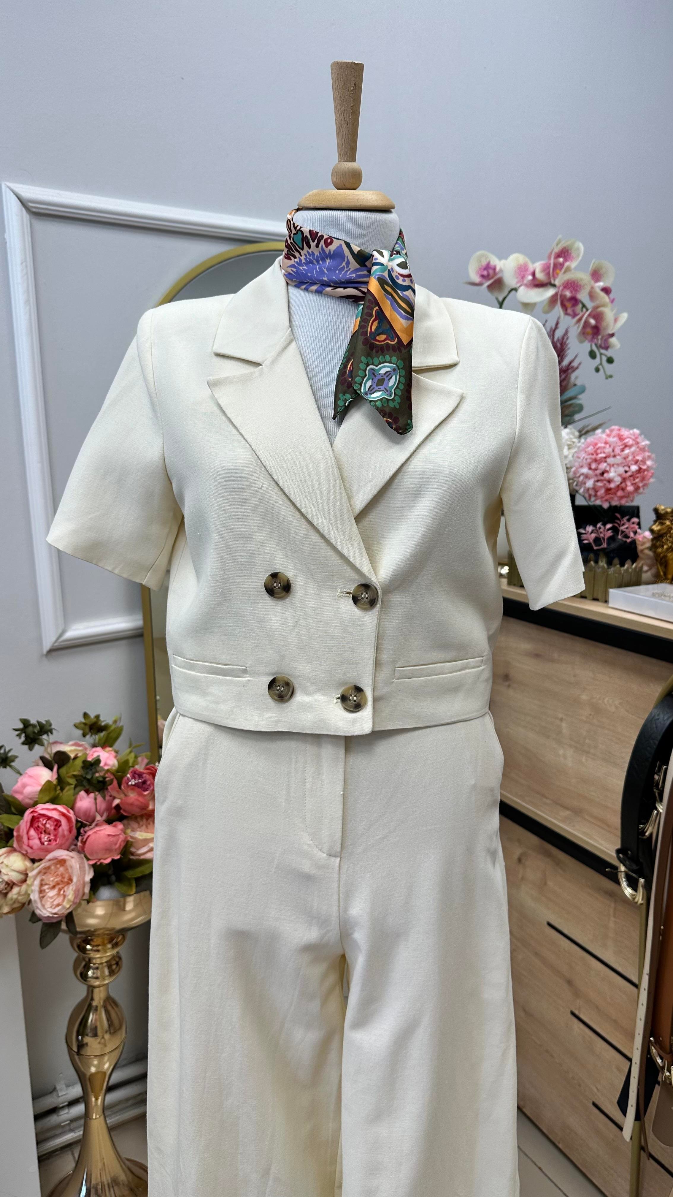 EKRU CROP CEKETLİ KETEN TAKIM