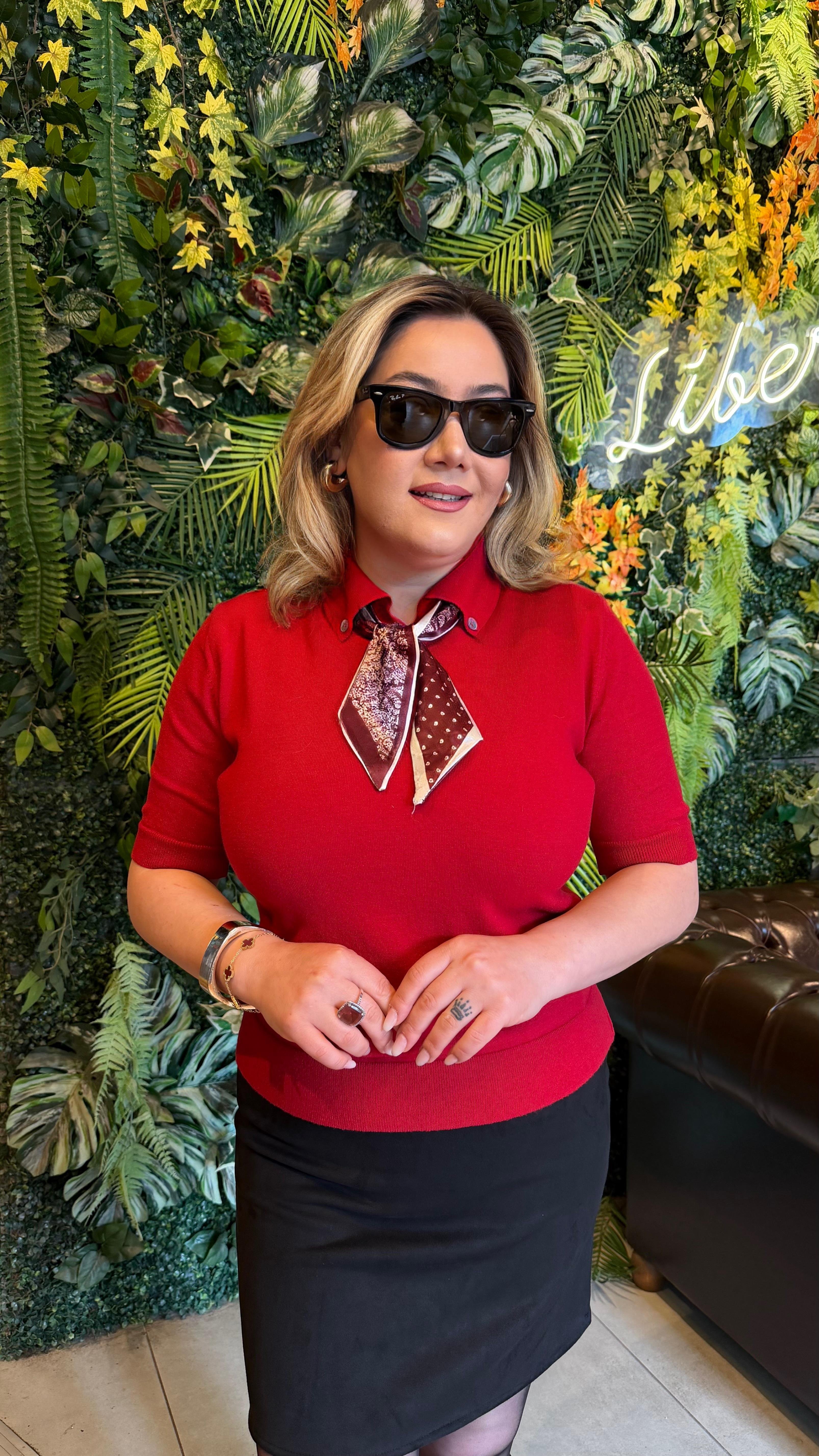 FULARLI POLO YAKA KISA KOL TRİKO KAZAK KIRMIZI