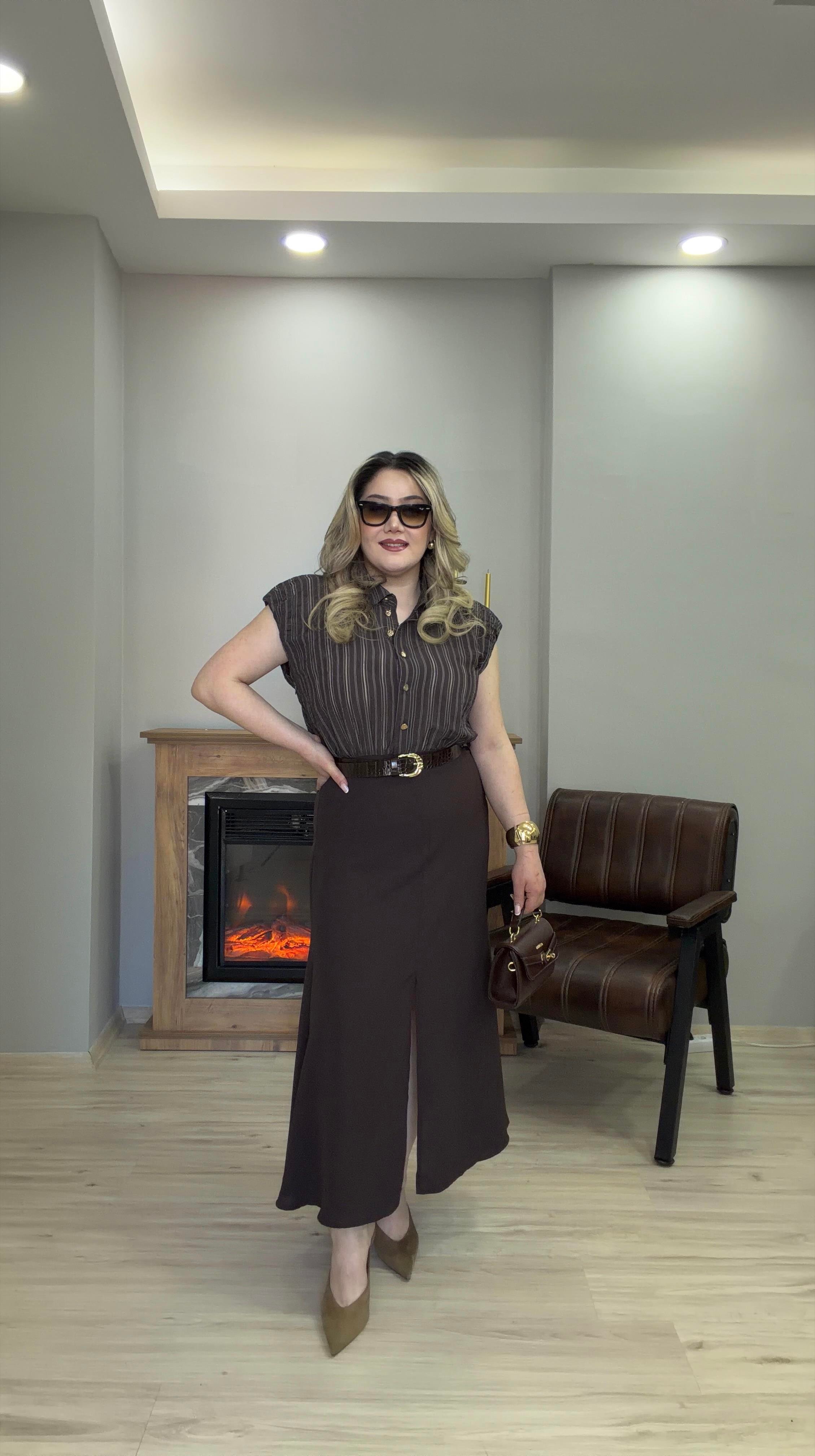 GARNİLİ GÖMLEKLİ KEMER DETAYLI ELBİSE KAHVE