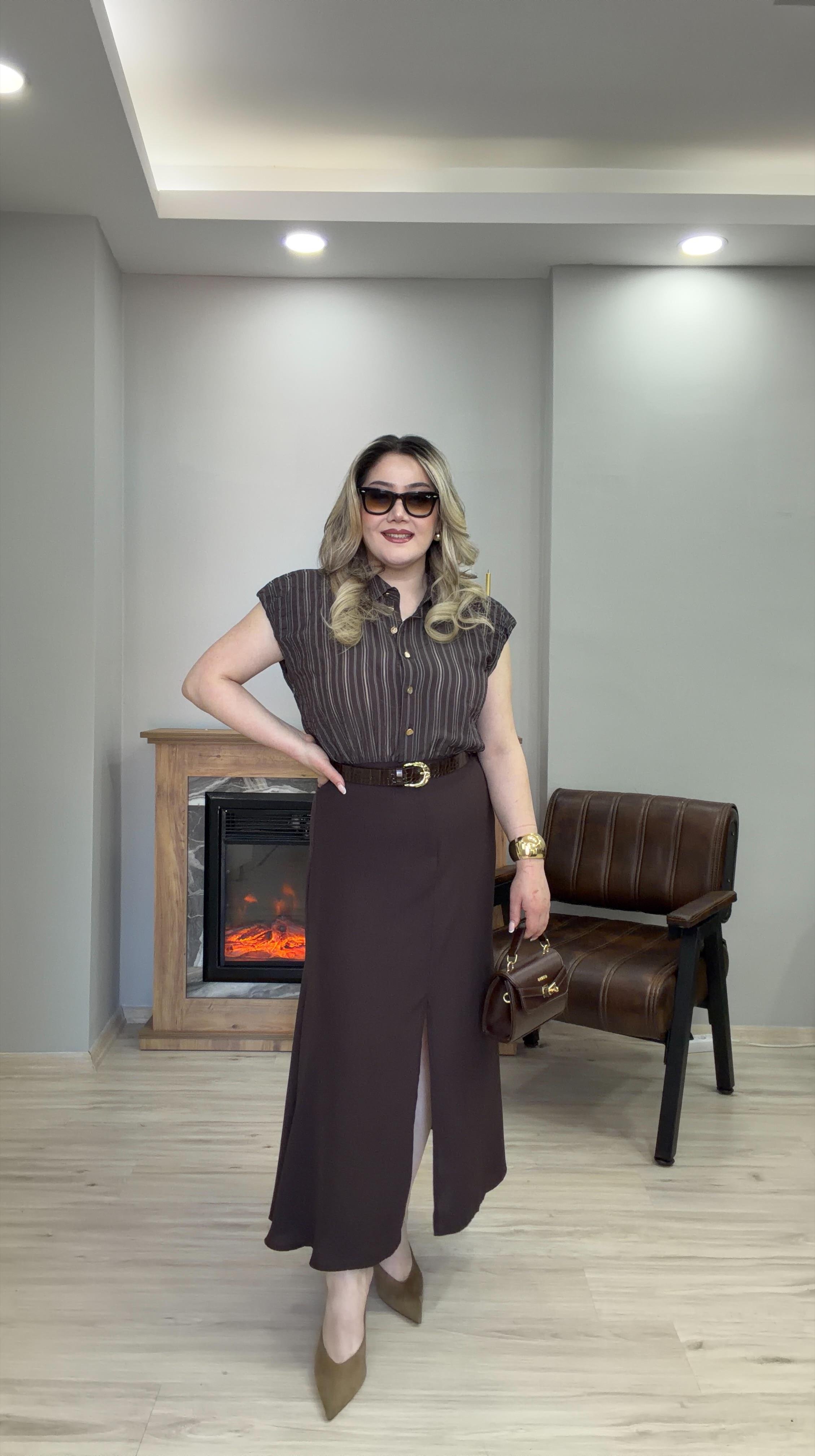 GARNİLİ GÖMLEKLİ KEMER DETAYLI ELBİSE KAHVE