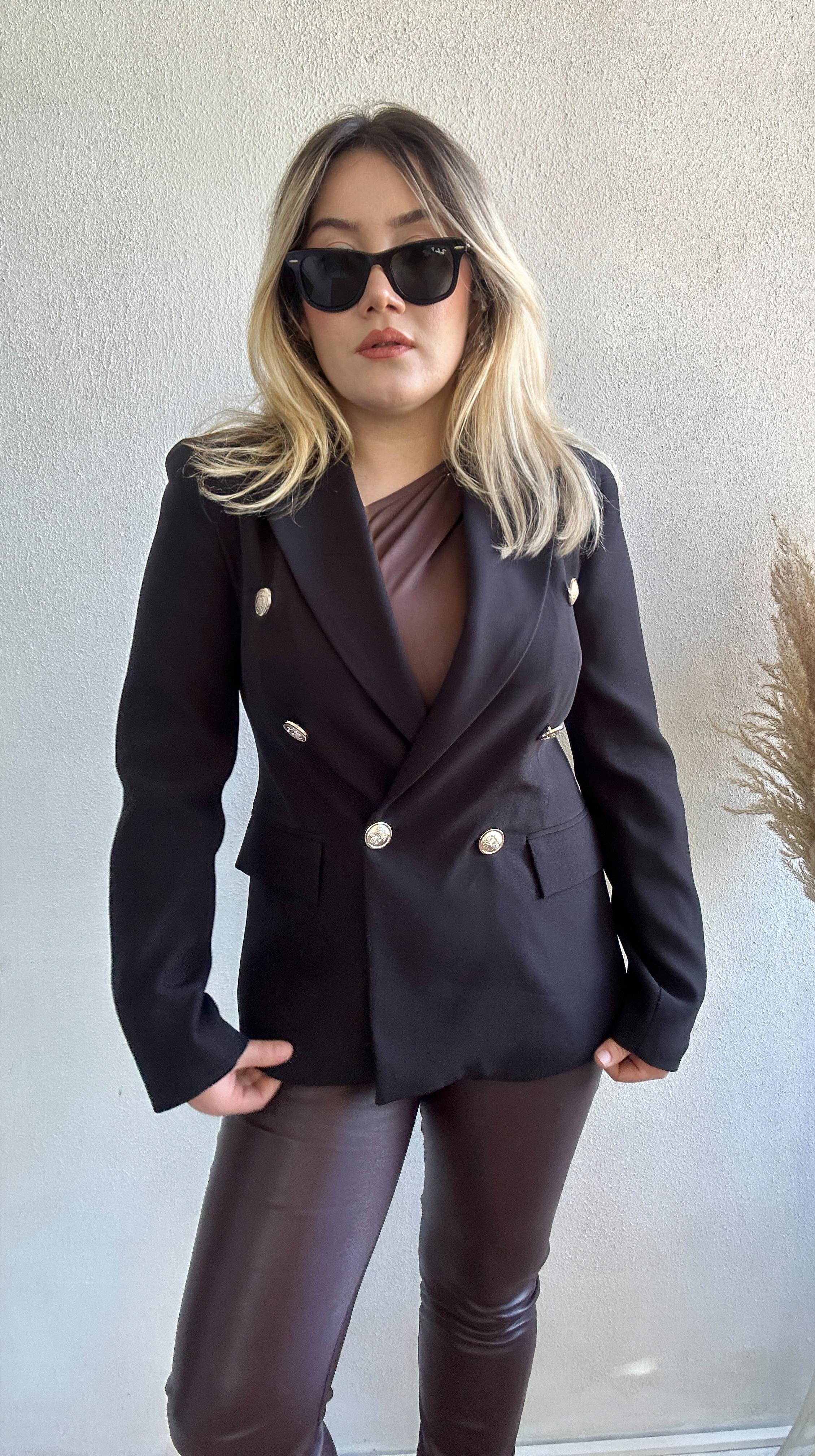 Gold düğmeli blazer ceket siyah