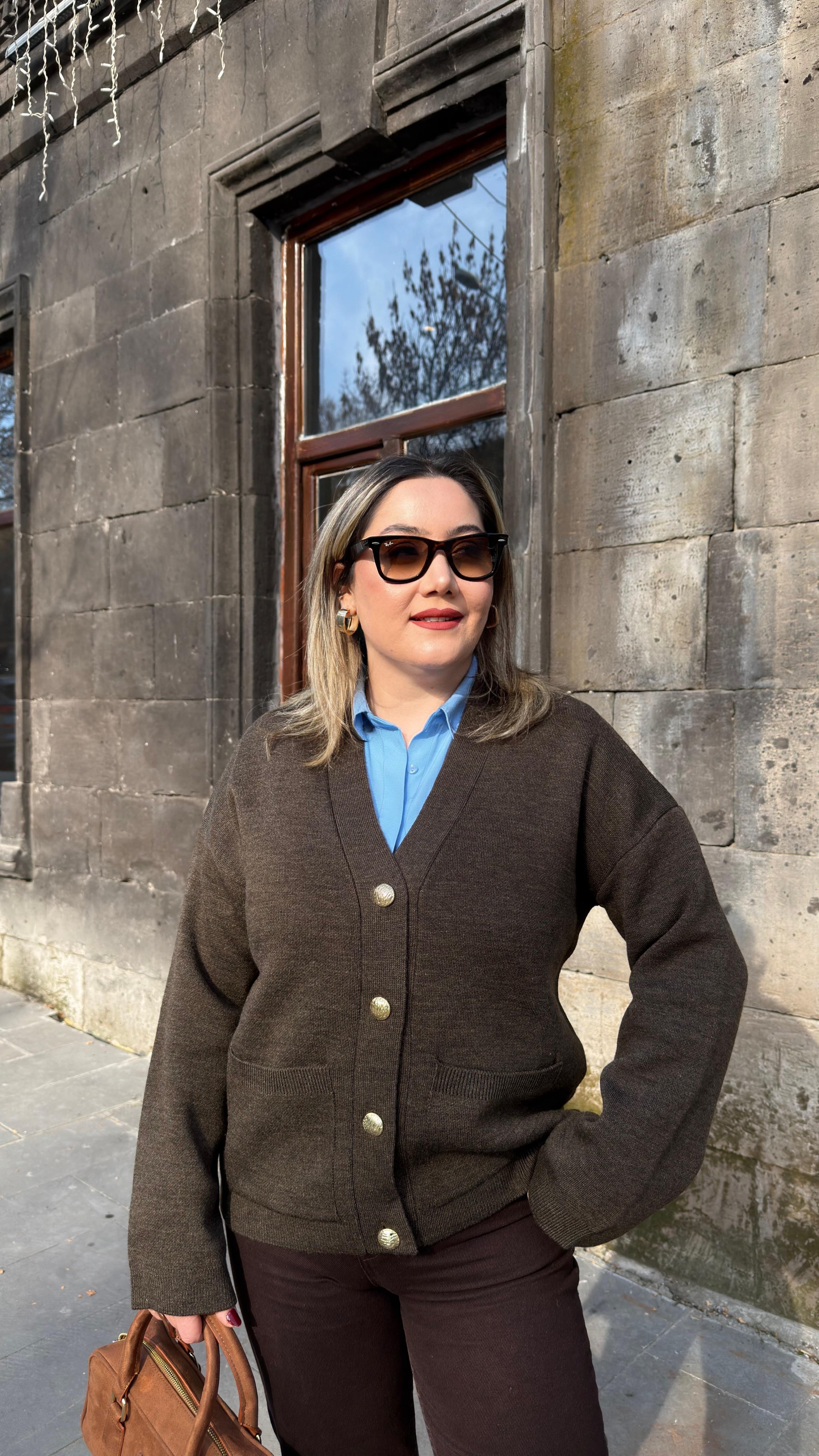 GOLD DÜĞMELİ HIRKA MELANJ KAHVE
