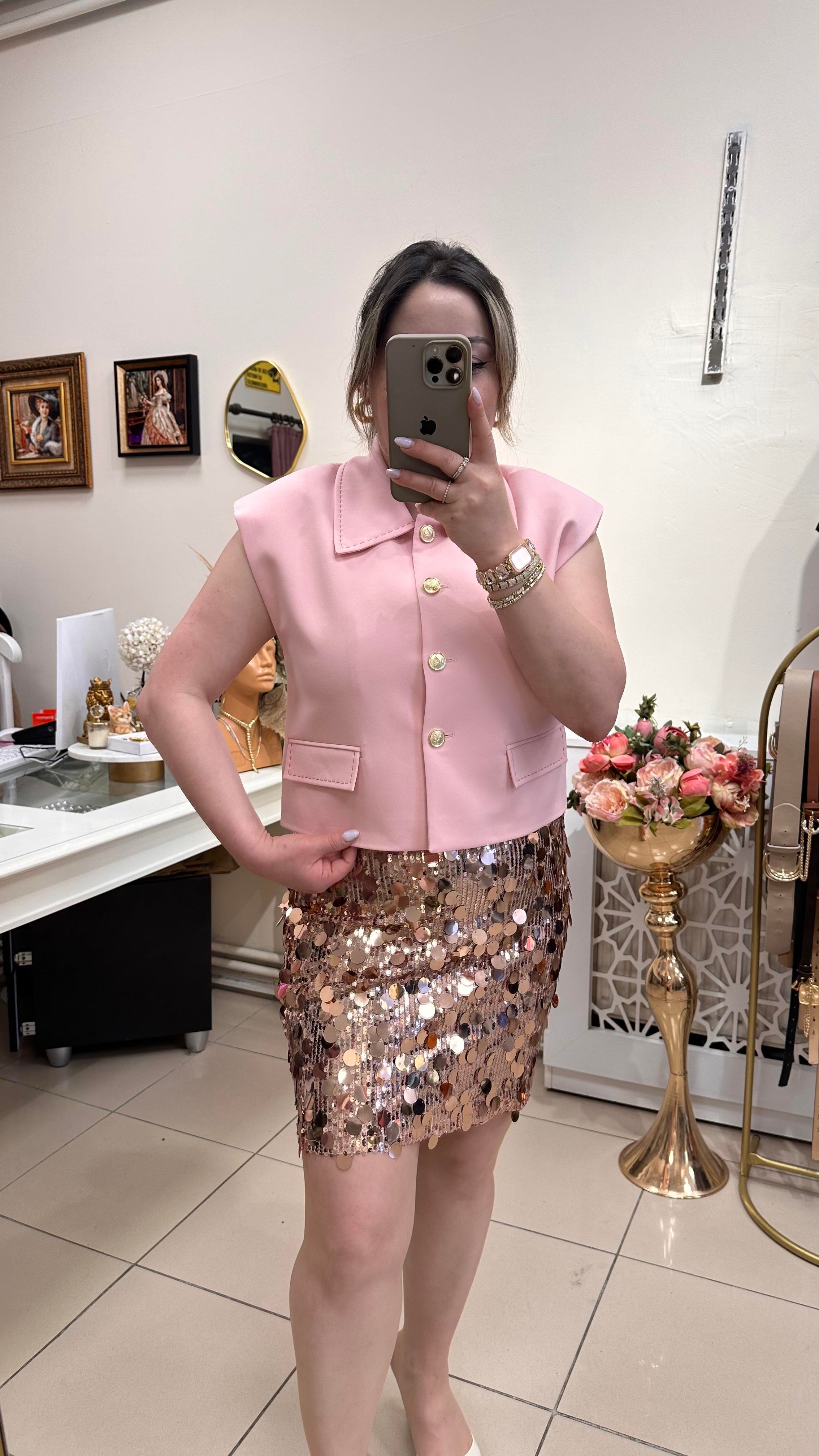 GOLD DÜĞMELİ YELEK PEMBE
