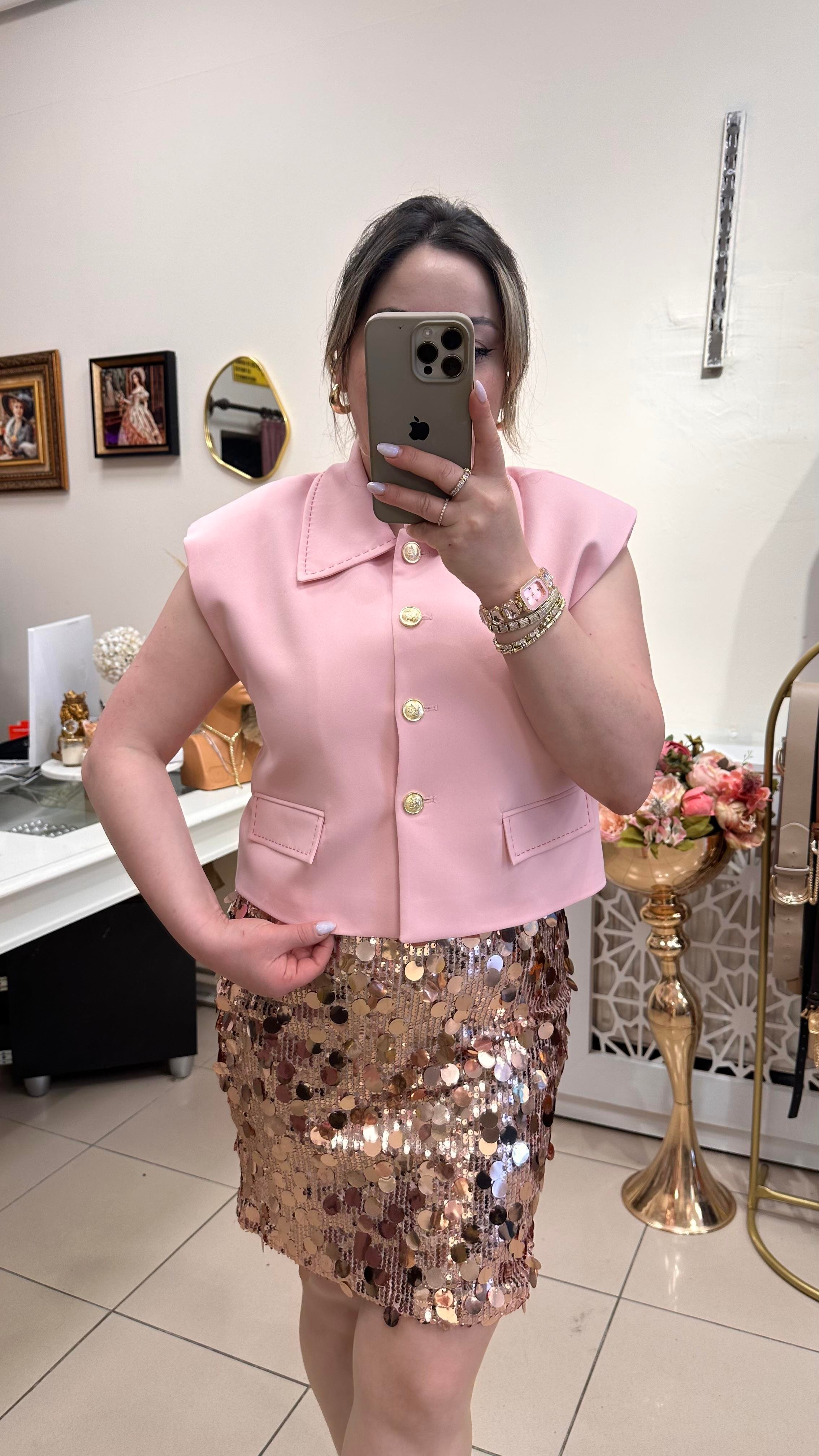 GOLD DÜĞMELİ YELEK PEMBE